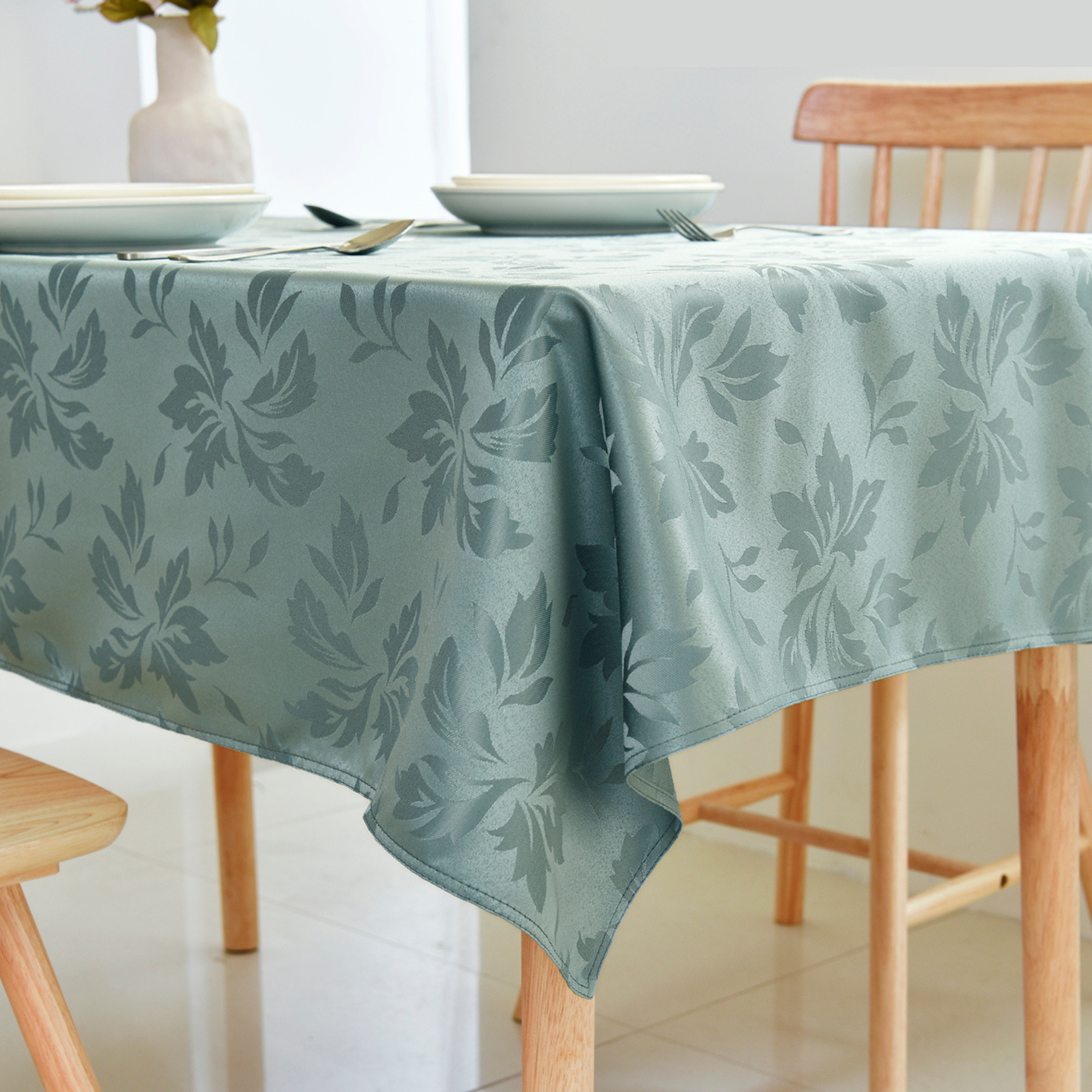 Sage Green Floral Jacquard Rectangle Tablecloth – Waterproof