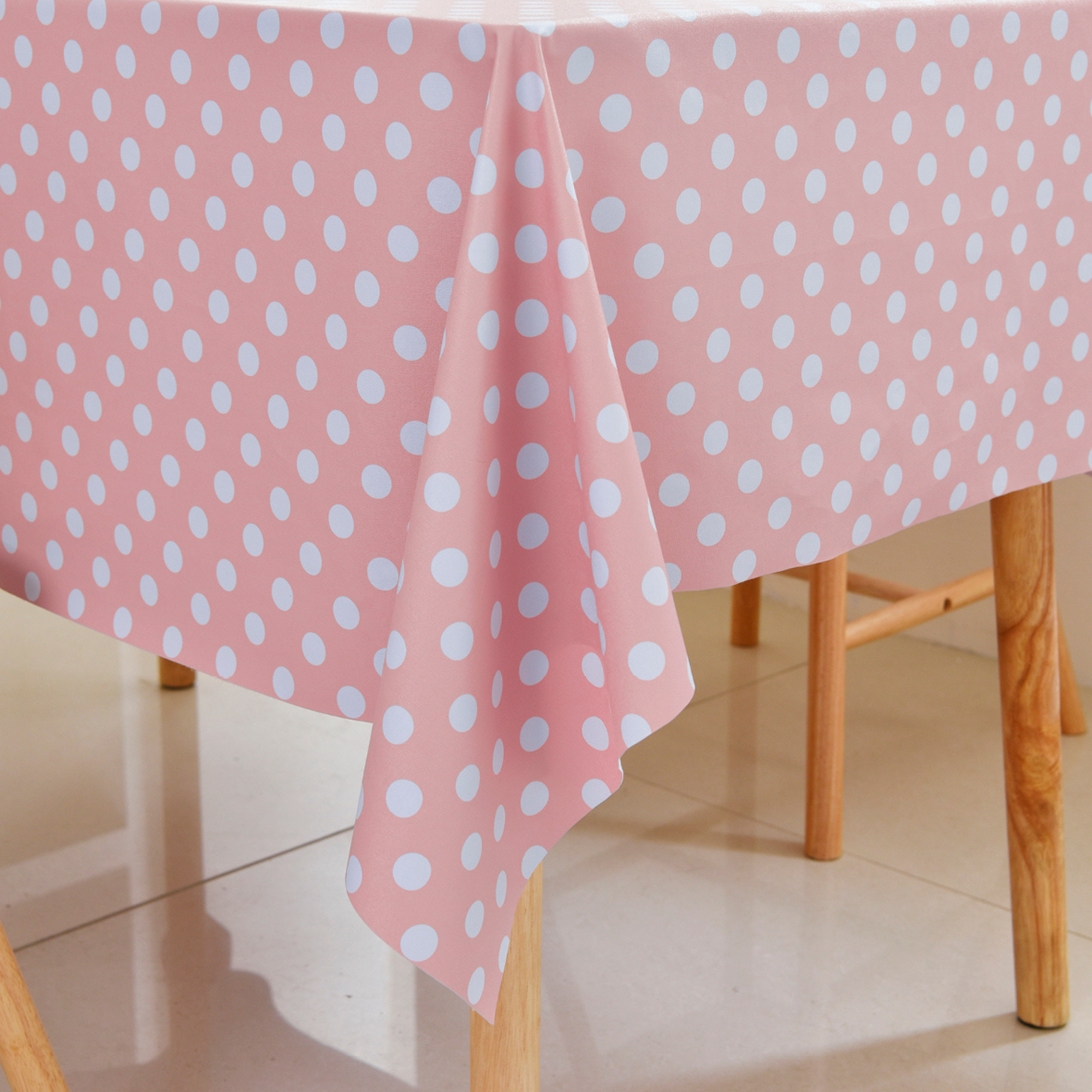 Waterproof Polka Dot Vinyl Tablecloth-Pink