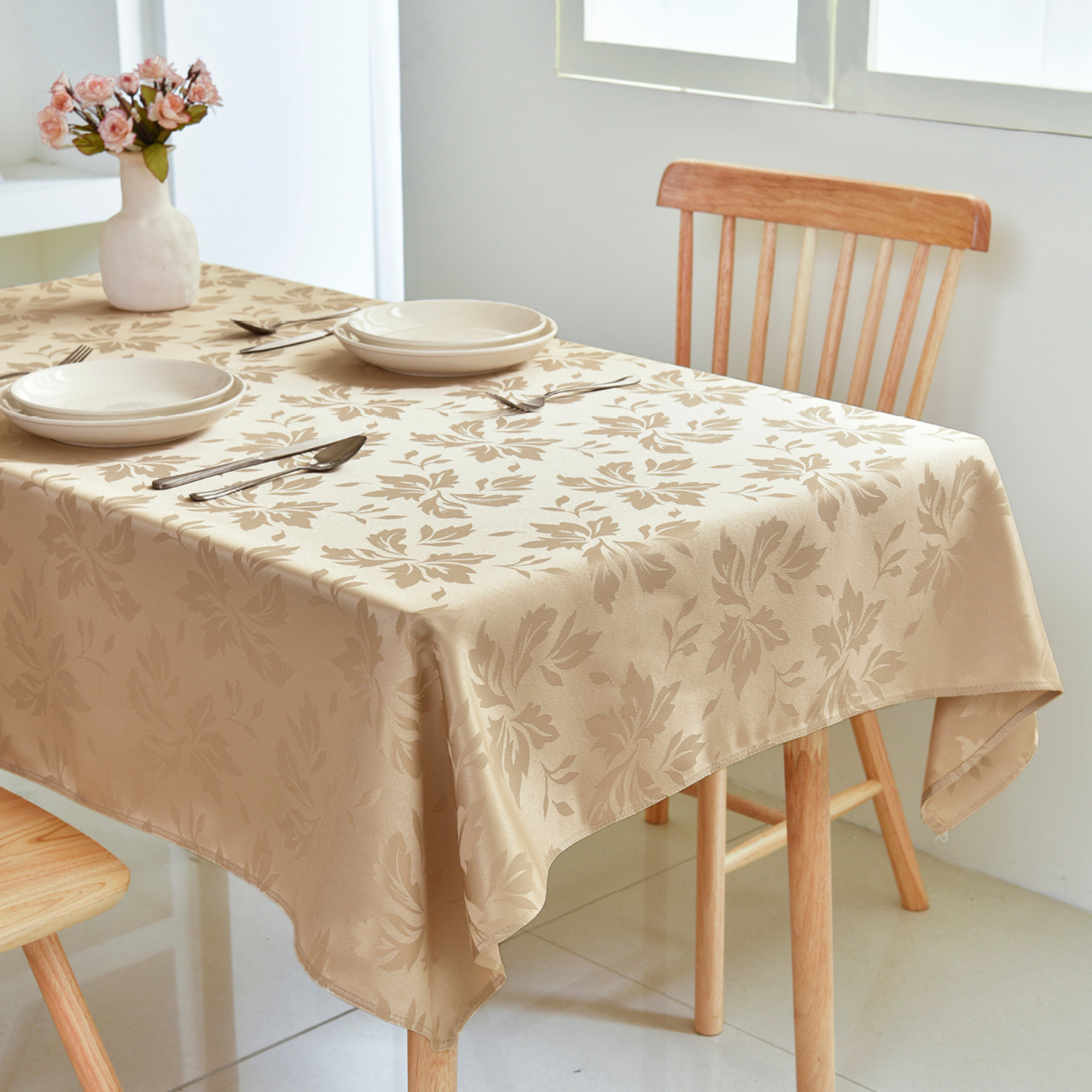 Beige Floral Jacquard Rectangle Tablecloth – Waterproof
