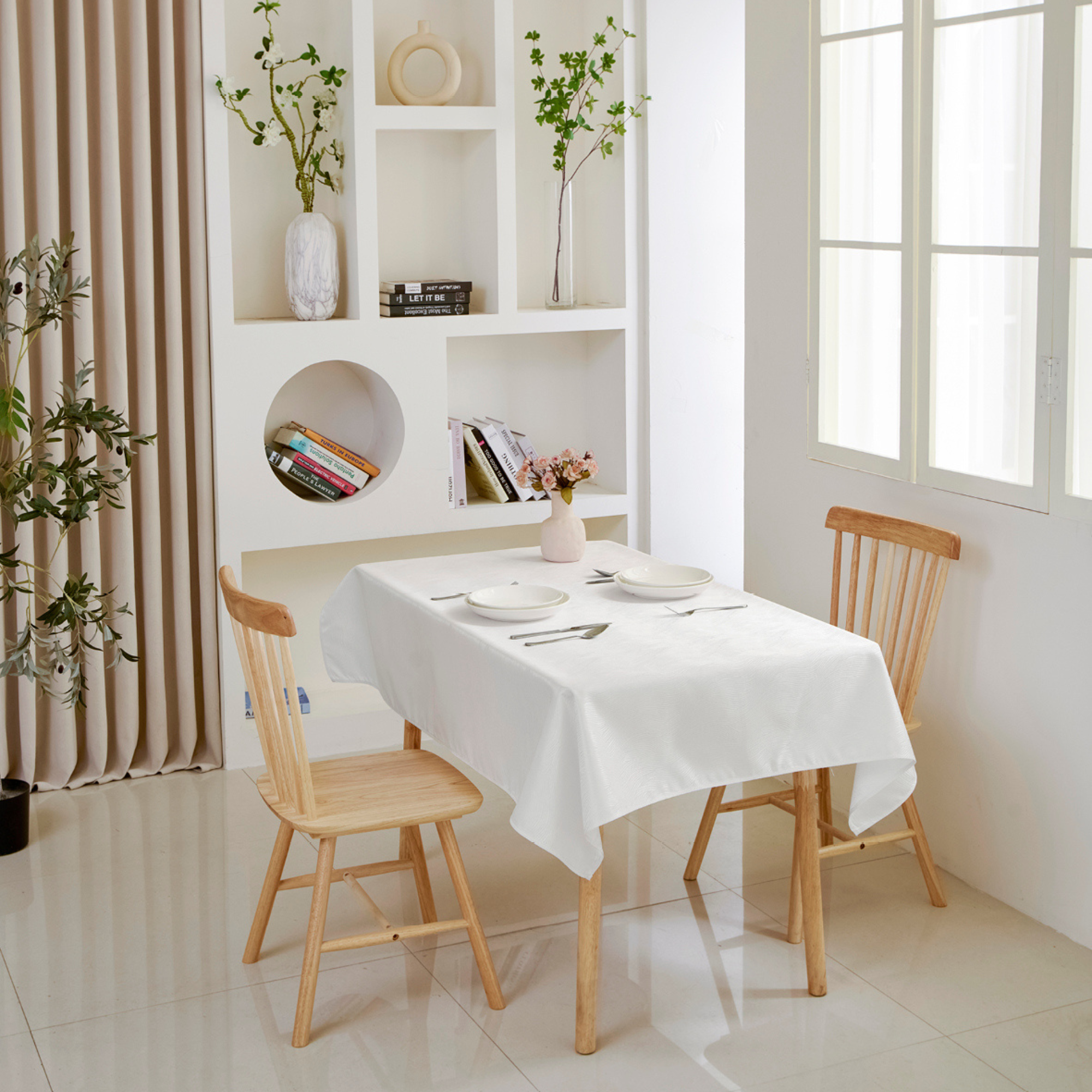 Water Ripple Pattern Jacquard Rectangle Tablecloth – White