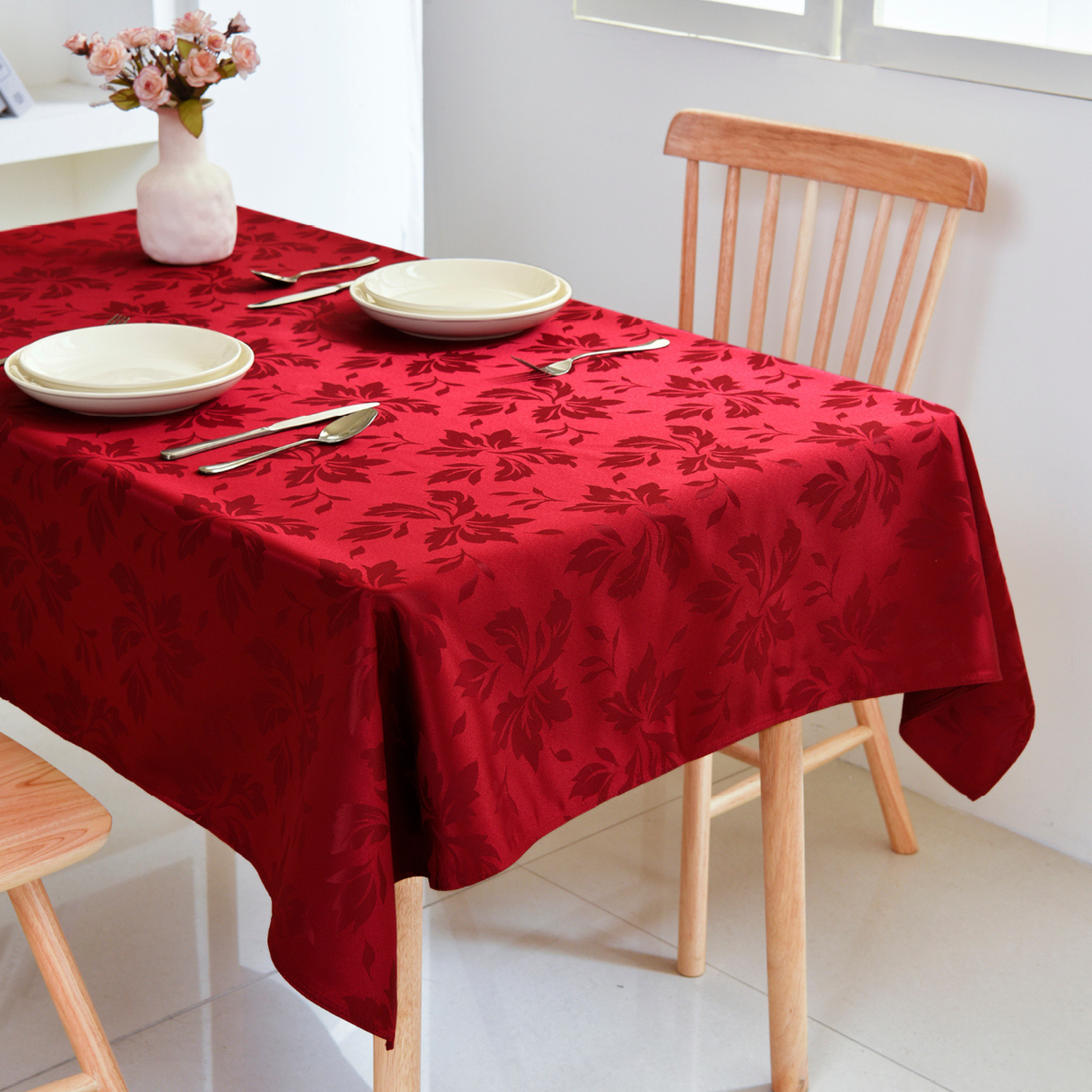 Red Floral Jacquard Rectangle Tablecloth – Waterproof