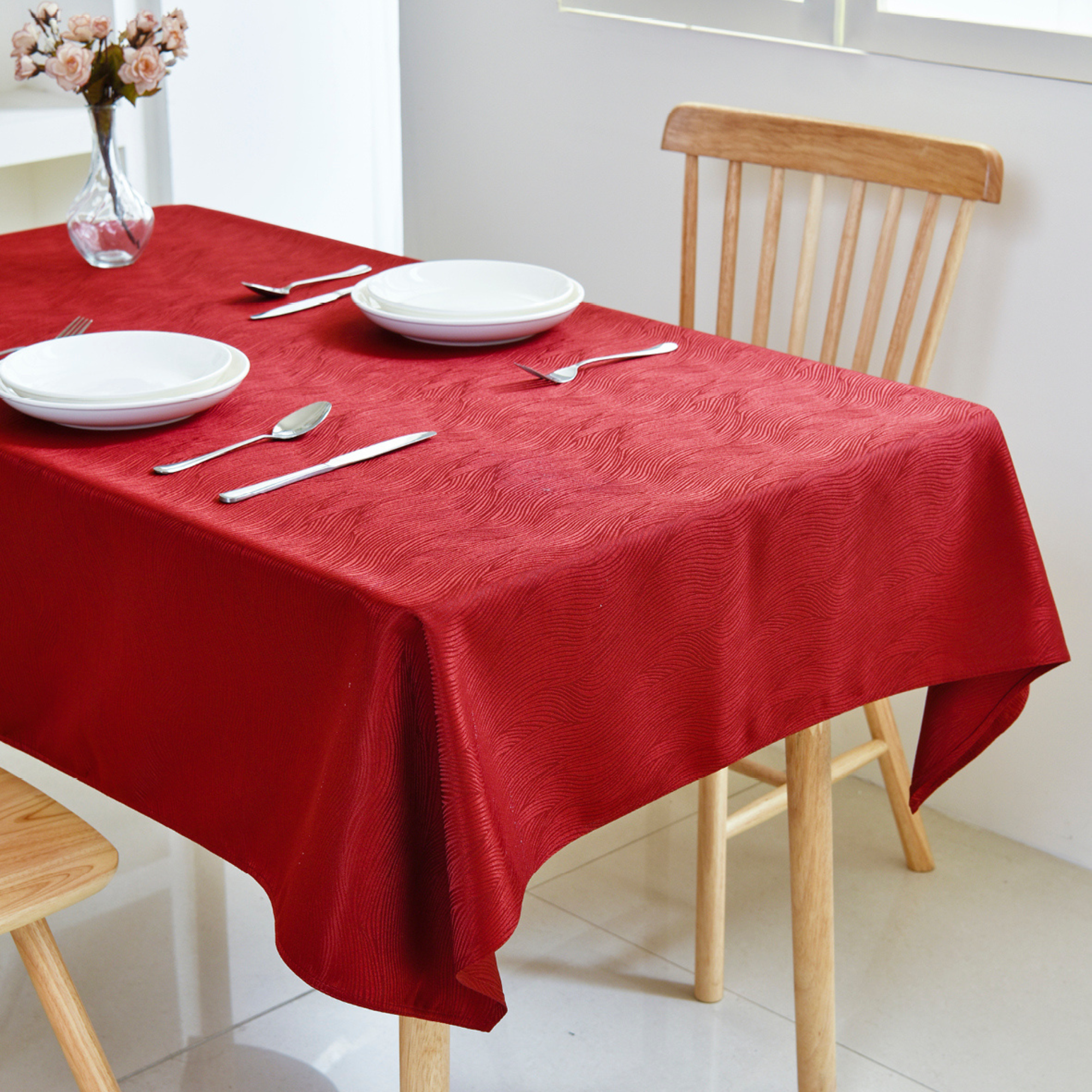 Water Ripple Pattern Jacquard Rectangle Tablecloth – Red