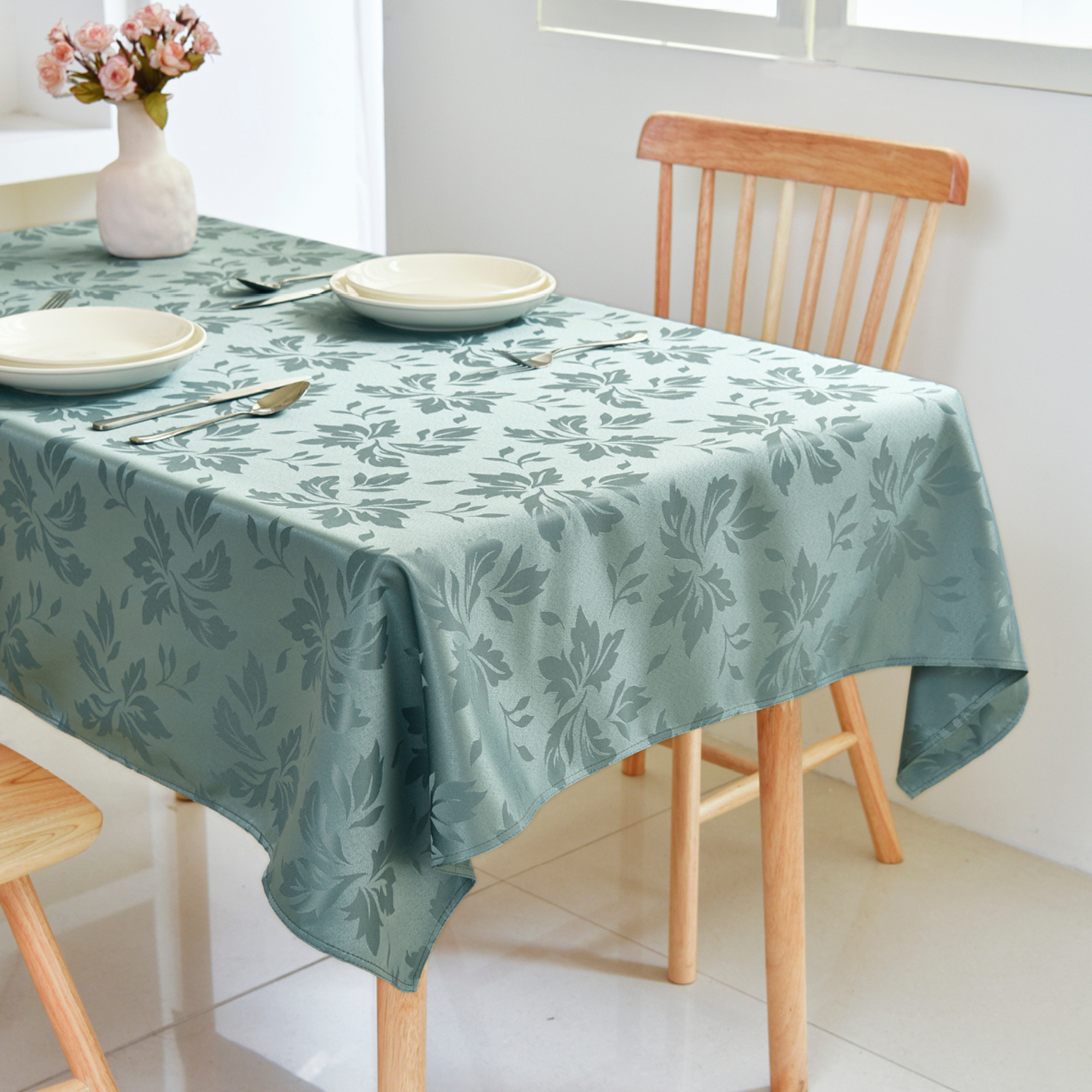 Sage Green Floral Jacquard Rectangle Tablecloth – Waterproof