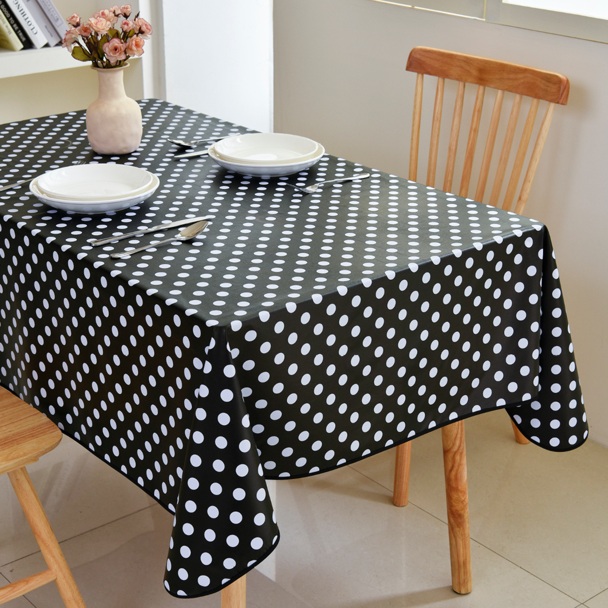 Waterproof Polka Dot Vinyl Tablecloth-Black
