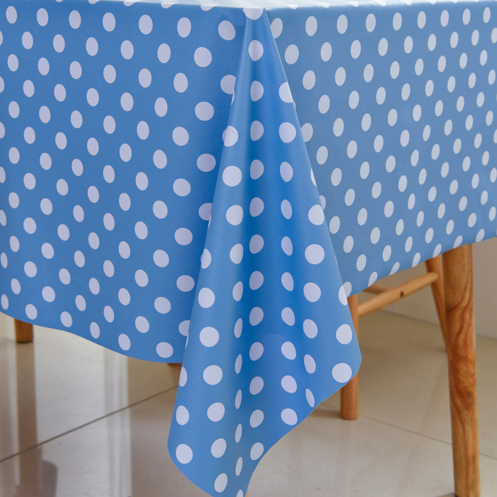 Waterproof Polka Dot Vinyl Tablecloth-Blue