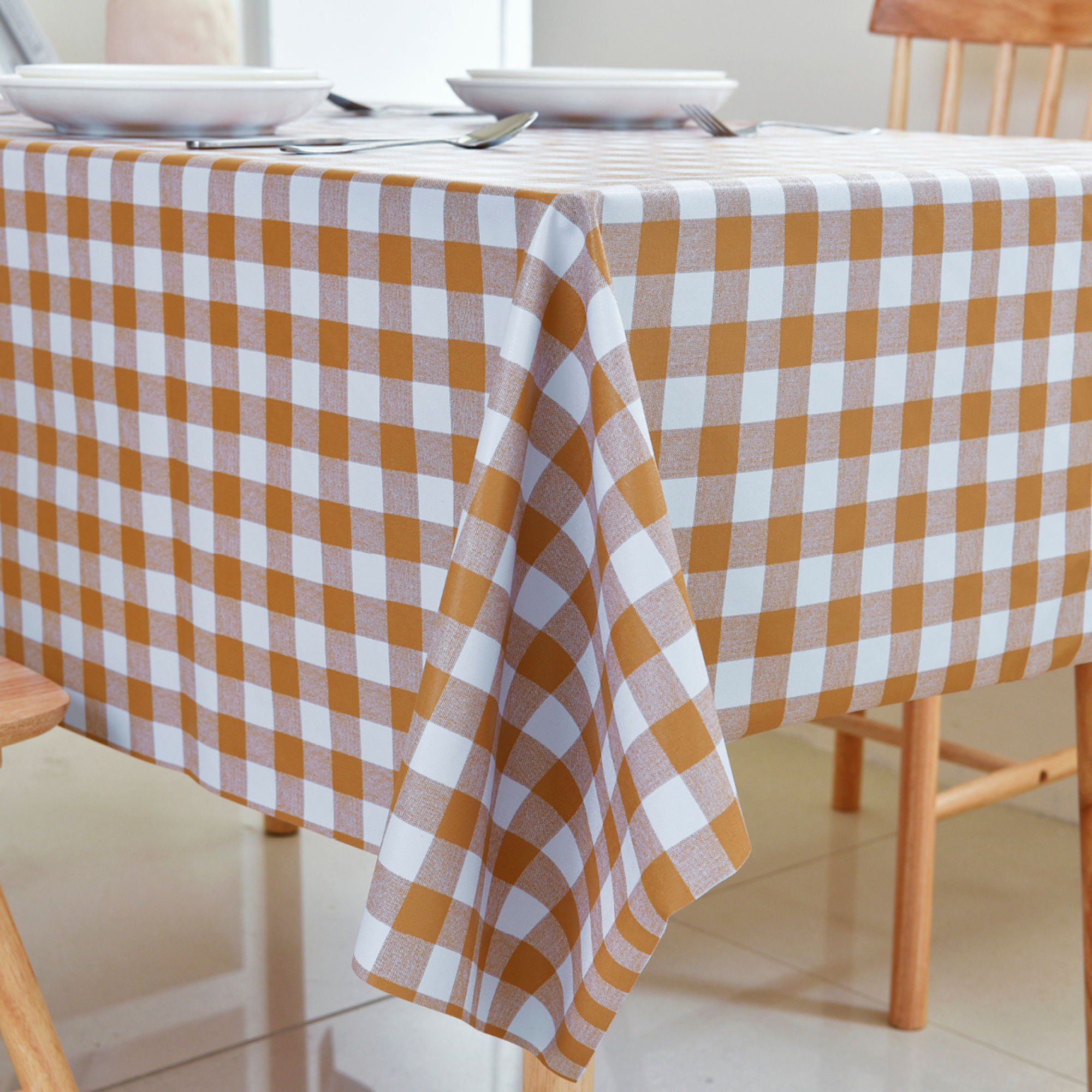 Oil-Proof Checkered PVC Tablecloths-Coffee and White