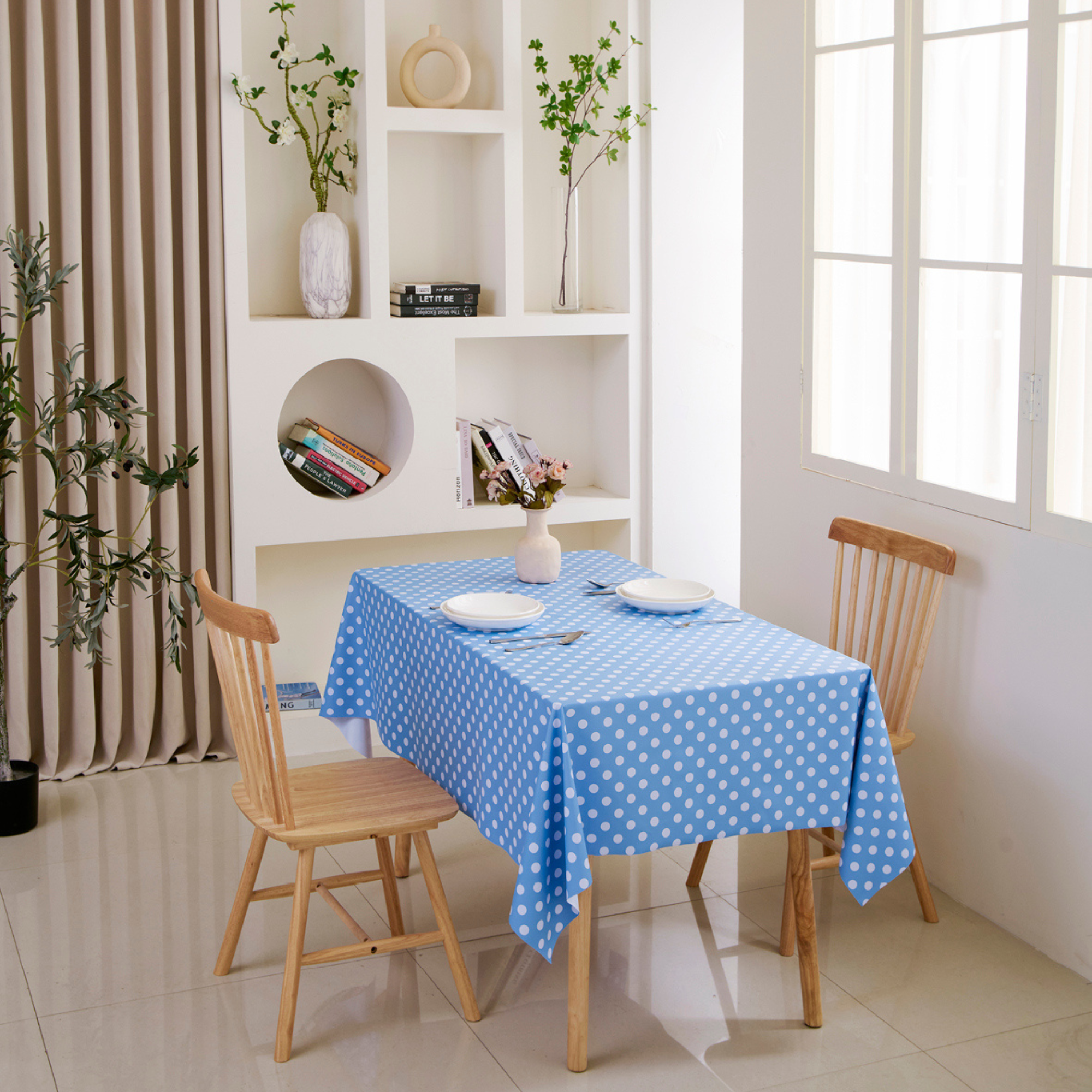 Waterproof Polka Dot Vinyl Tablecloth-Blue