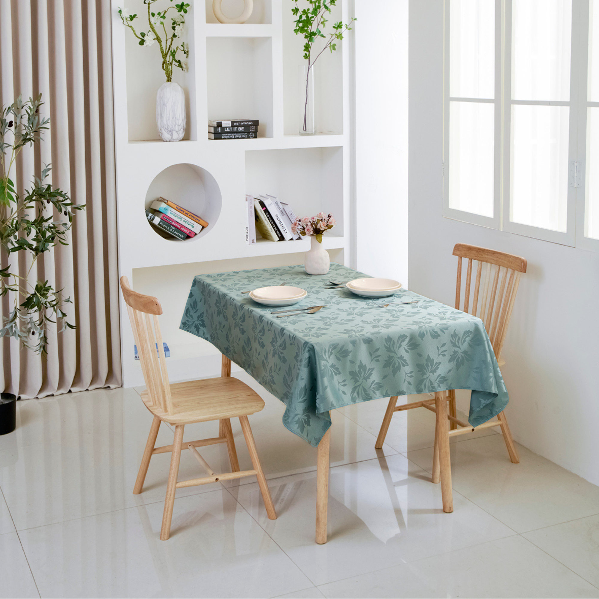 Sage Green Floral Jacquard Rectangle Tablecloth – Waterproof