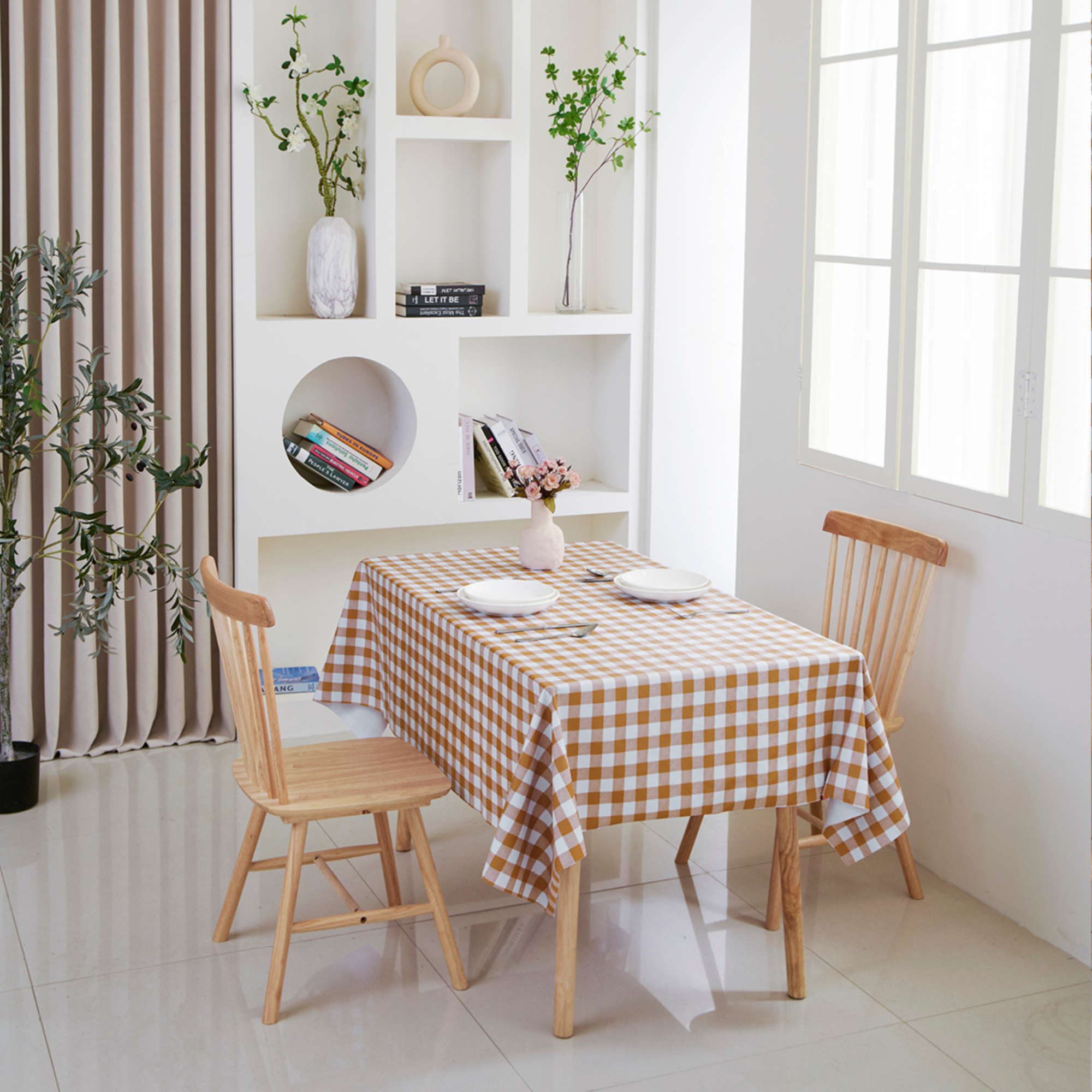 Oil-Proof Checkered PVC Tablecloths-Coffee and White