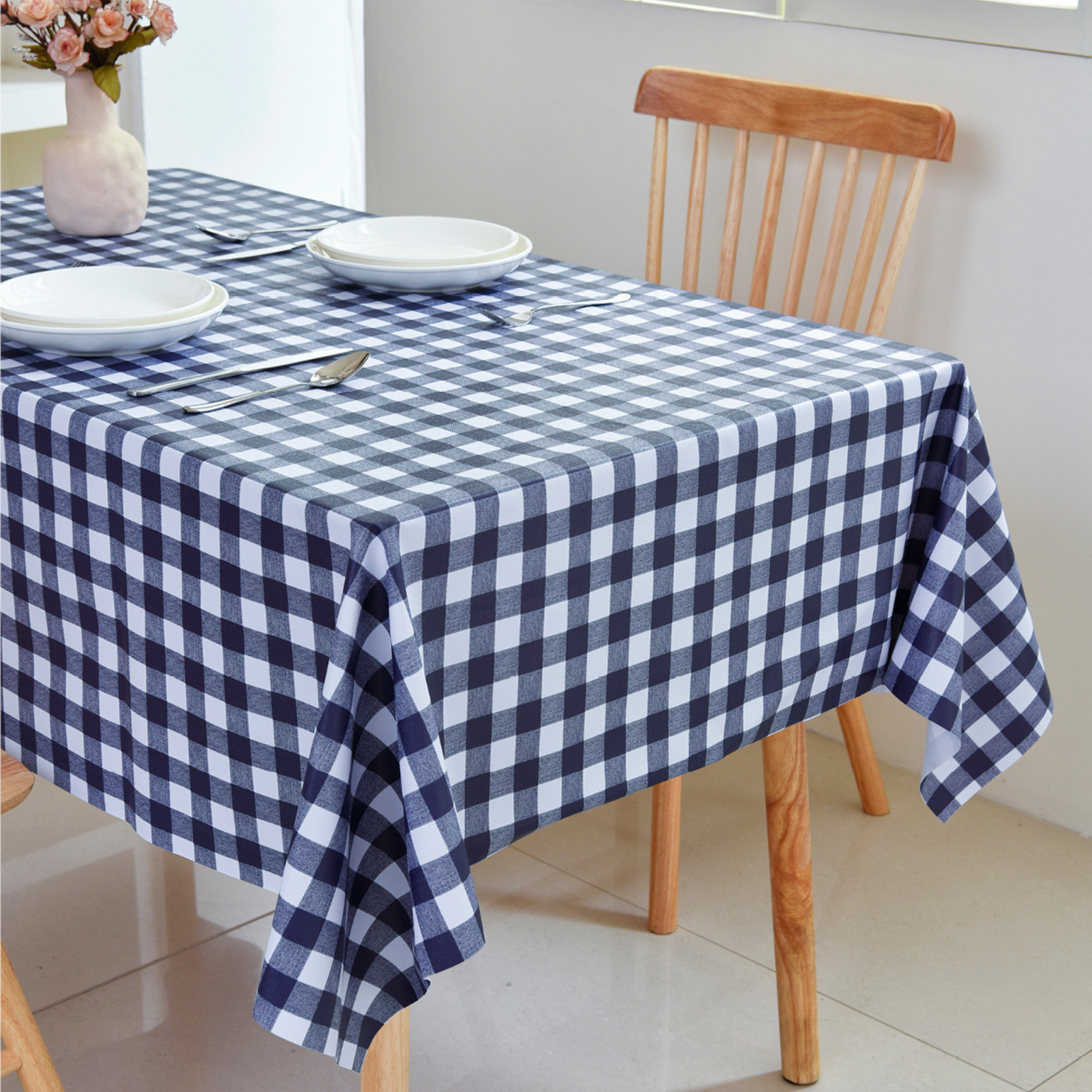 Oil-Proof Checkered PVC Tablecloths-Navy Blue and White