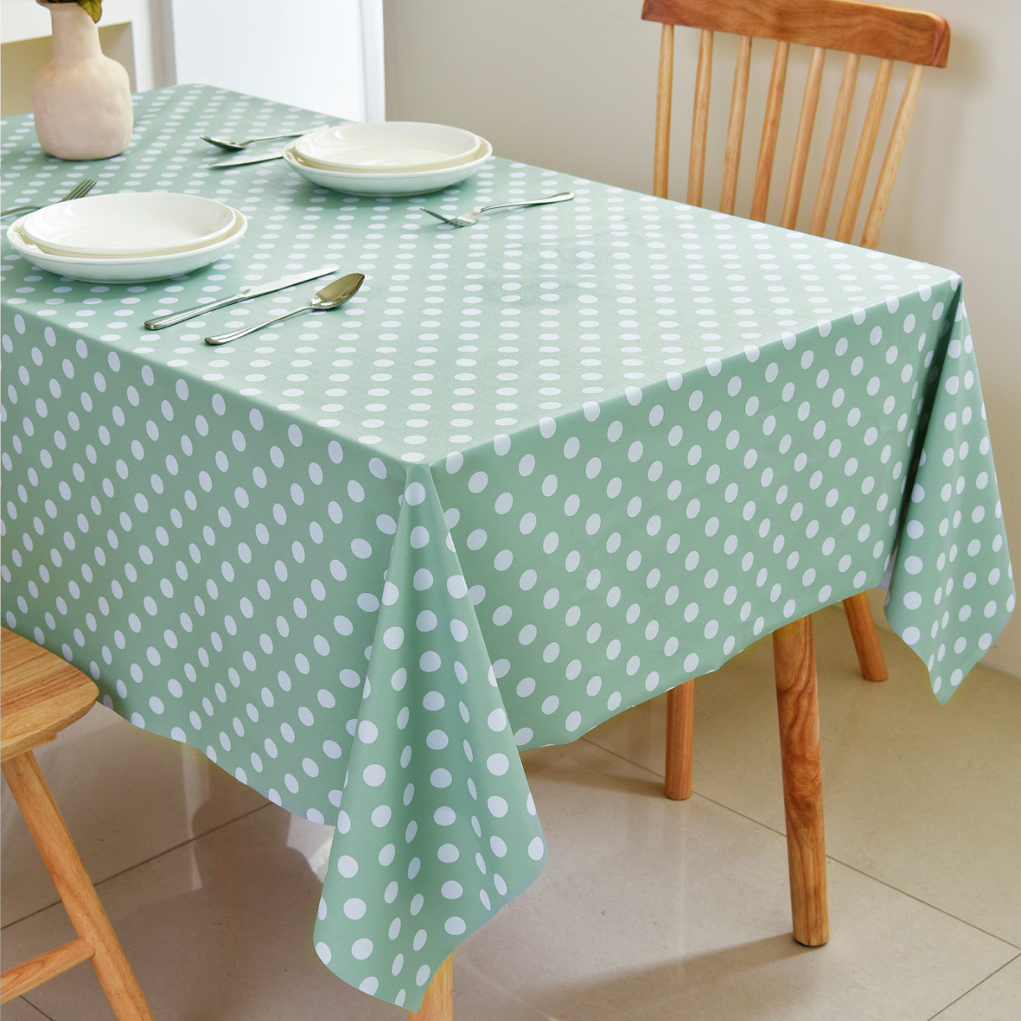 Waterproof Polka Dot Vinyl Tablecloth-Sage Green