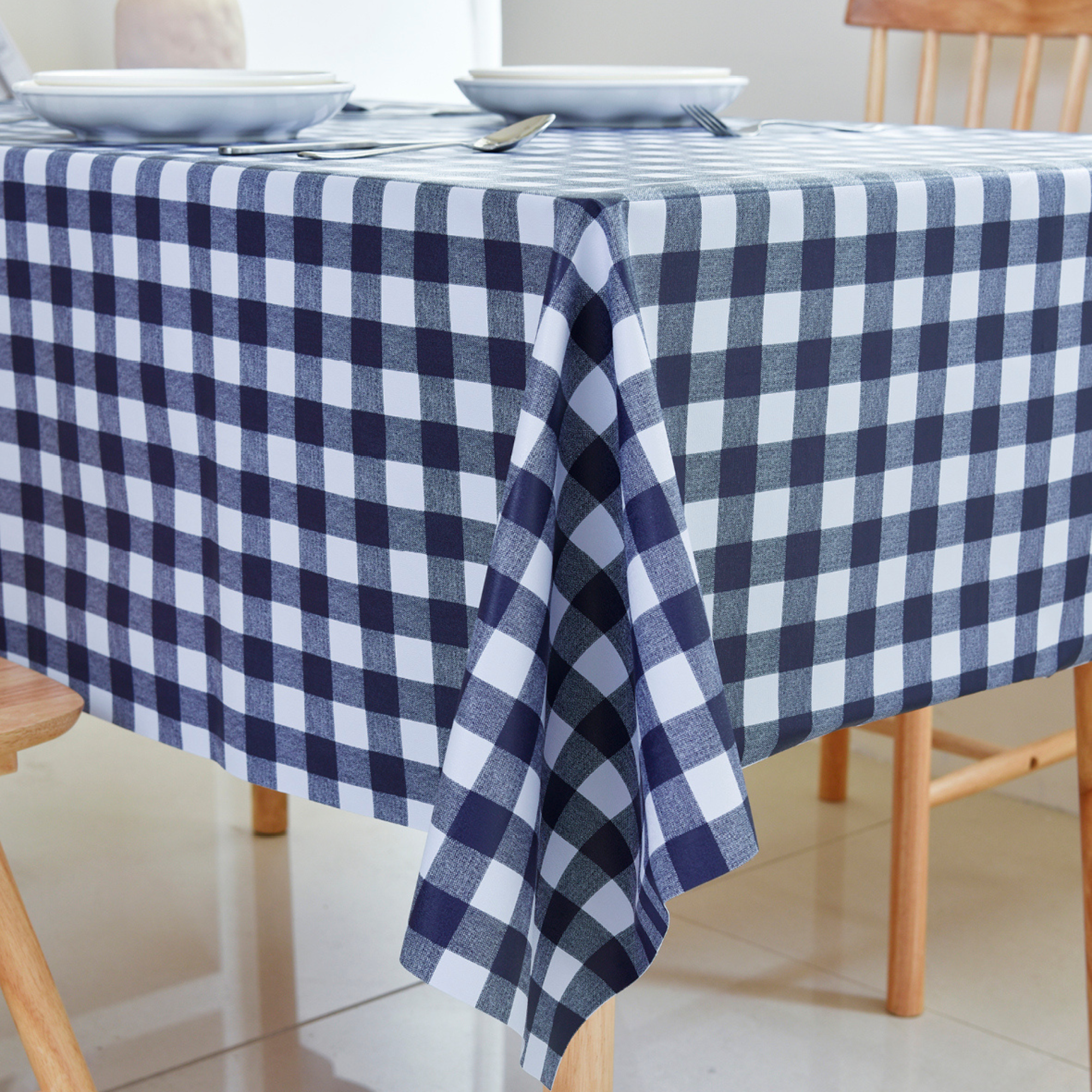 Oil-Proof Checkered PVC Tablecloths-Navy Blue and White