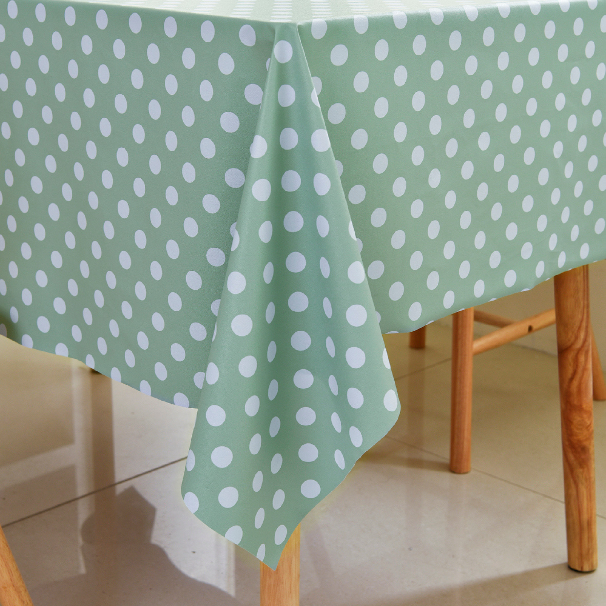 Waterproof Polka Dot Vinyl Tablecloth-Sage Green