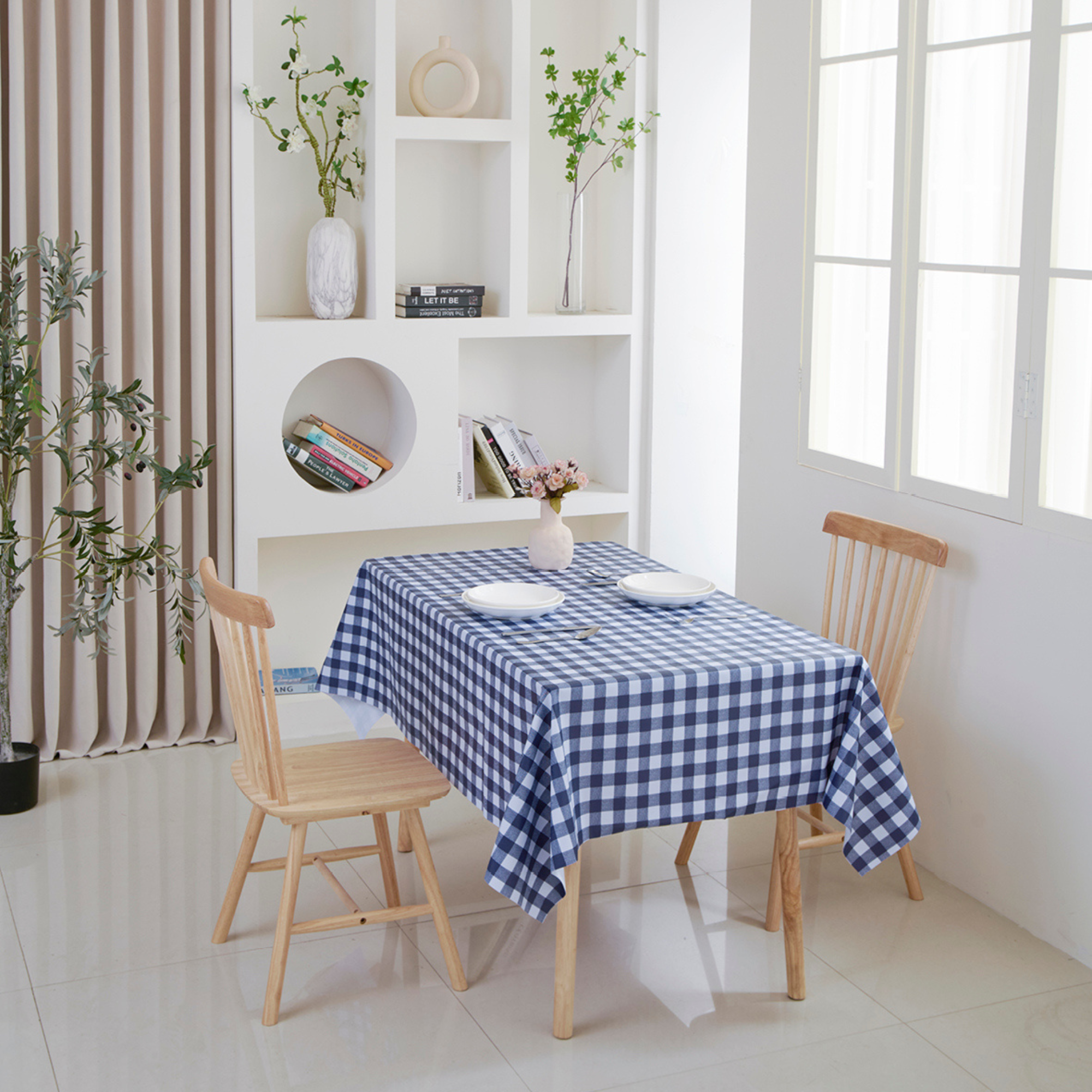 Oil-Proof Checkered PVC Tablecloths-Navy Blue and White