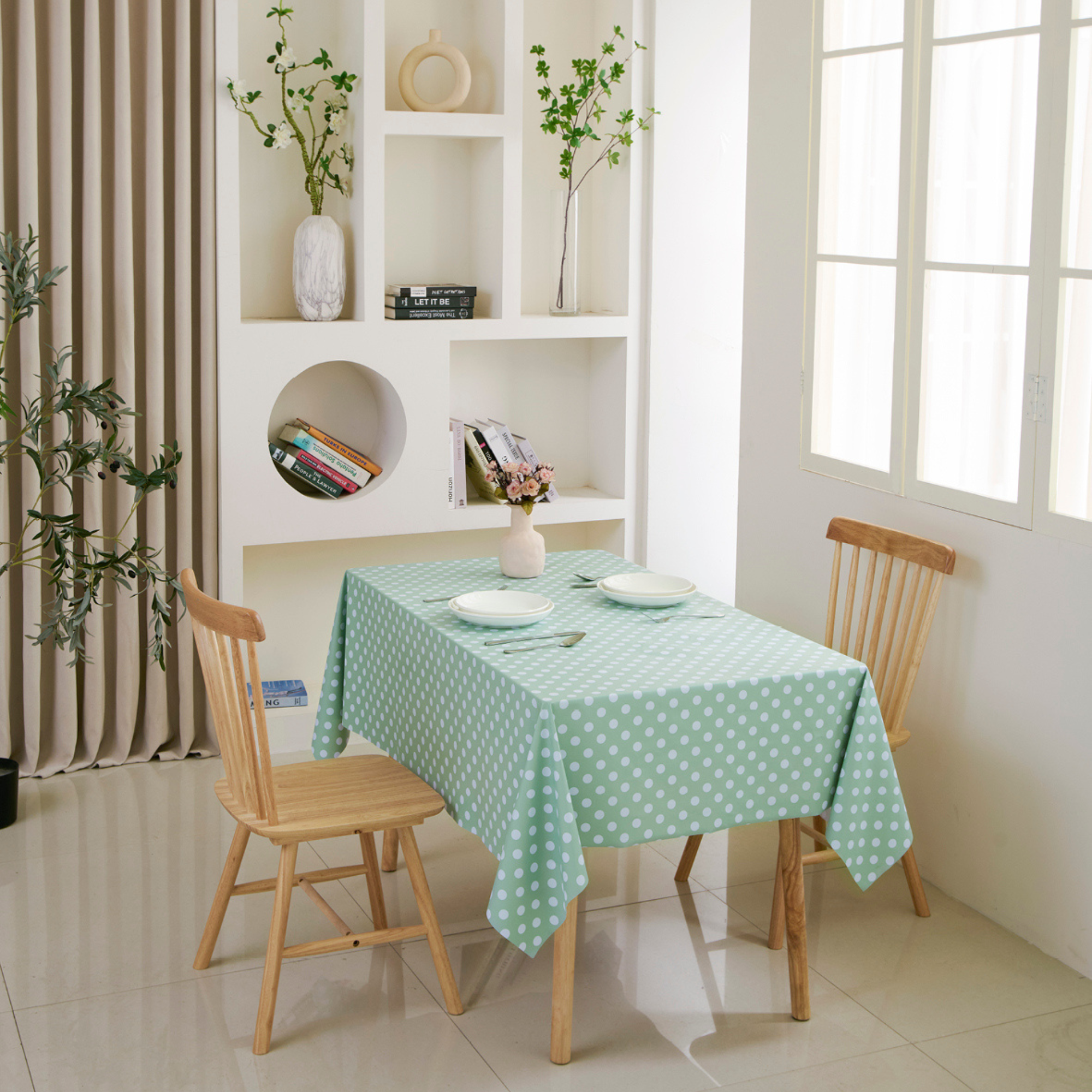 Waterproof Polka Dot Vinyl Tablecloth-Sage Green