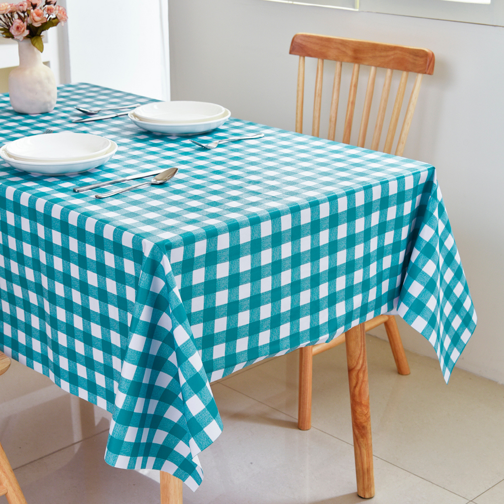 Oil-Proof Checkered PVC Tablecloths-Navy Teal Green and White
