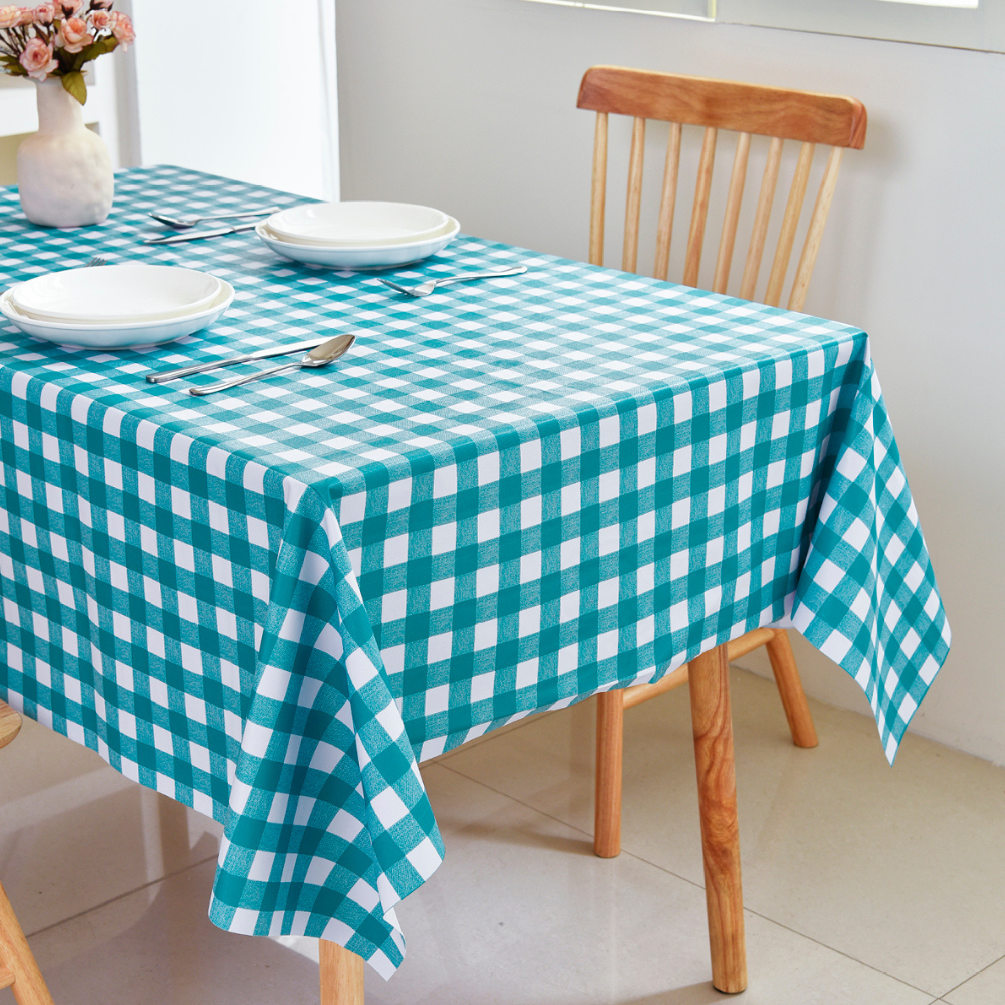 Oil-Proof Checkered PVC Tablecloths-Navy Teal Green and White