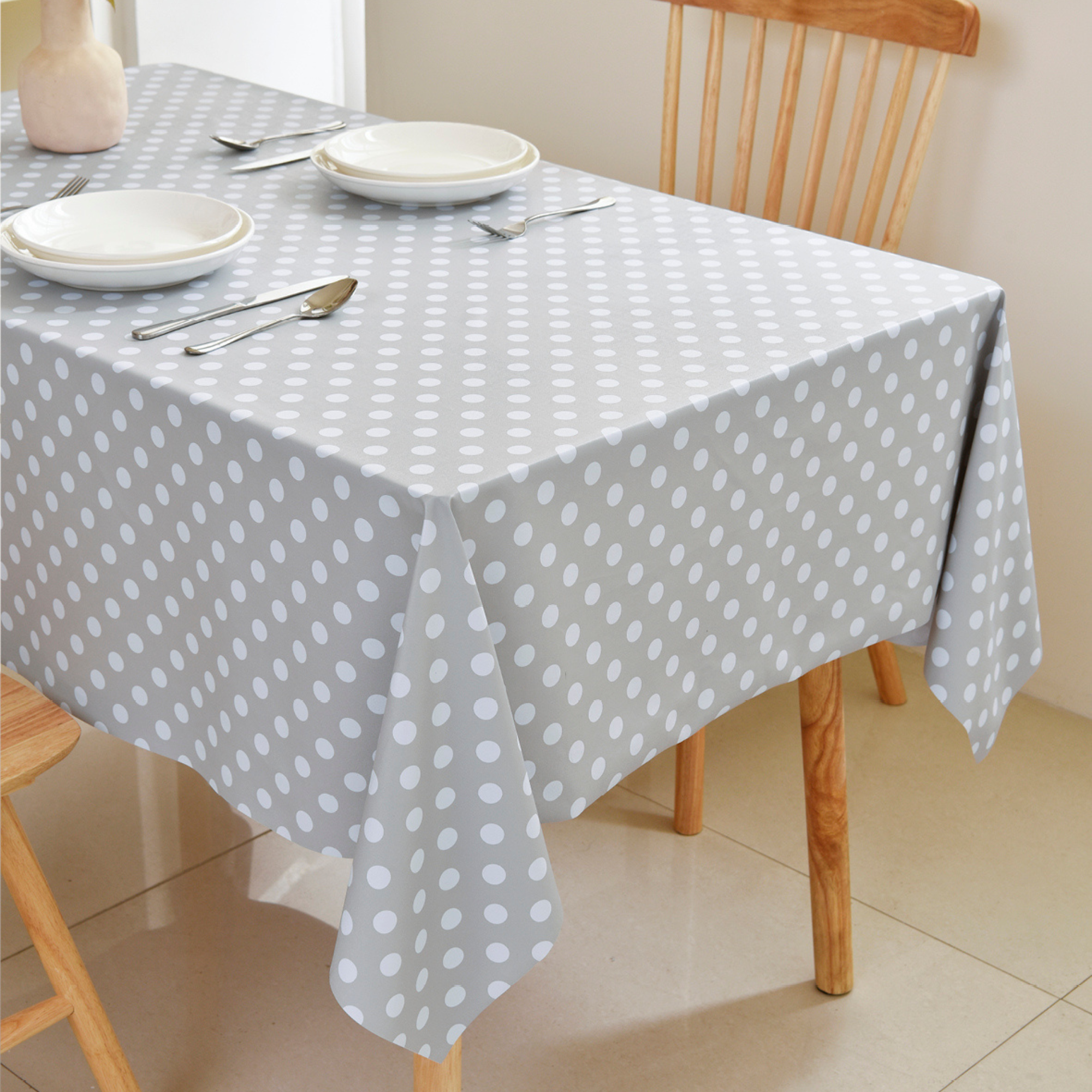 Waterproof Polka Dot Vinyl Tablecloth-Grey