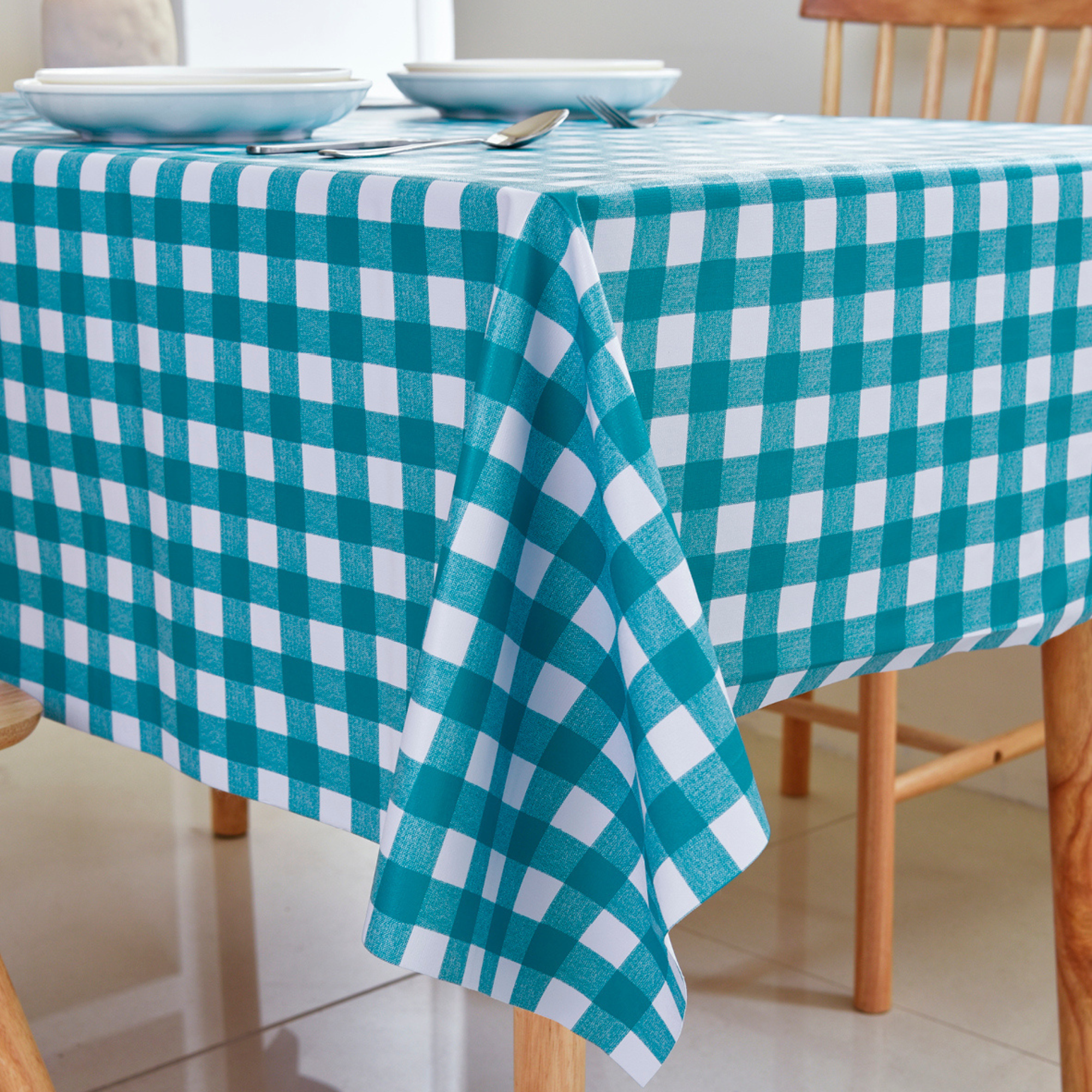 Oil-Proof Checkered PVC Tablecloths-Navy Teal Green and White