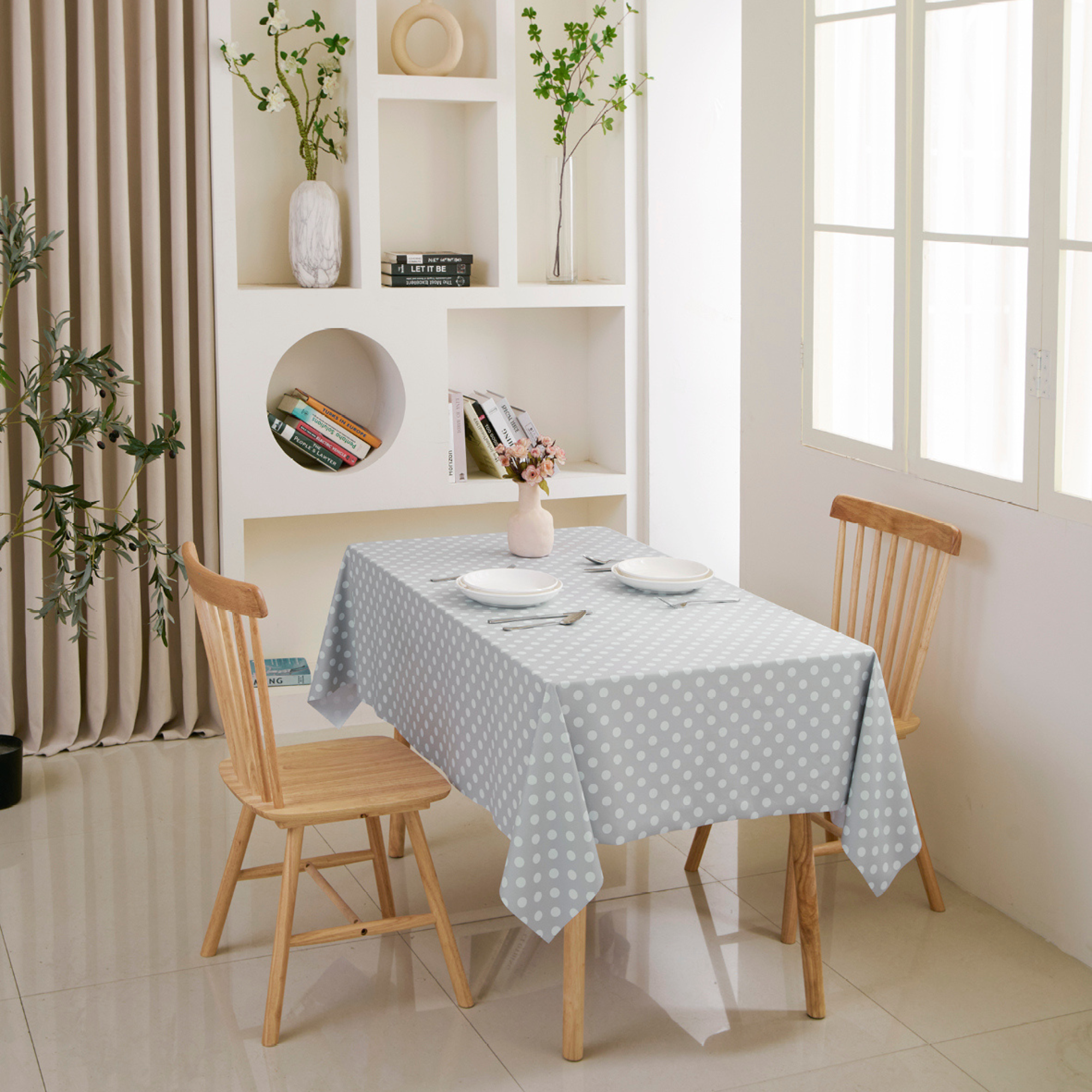 Waterproof Polka Dot Vinyl Tablecloth-Grey