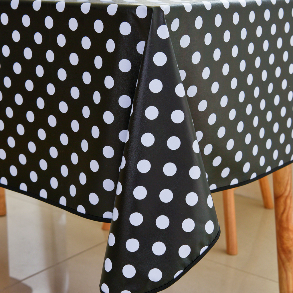 Waterproof Polka Dot Vinyl Tablecloth-Black