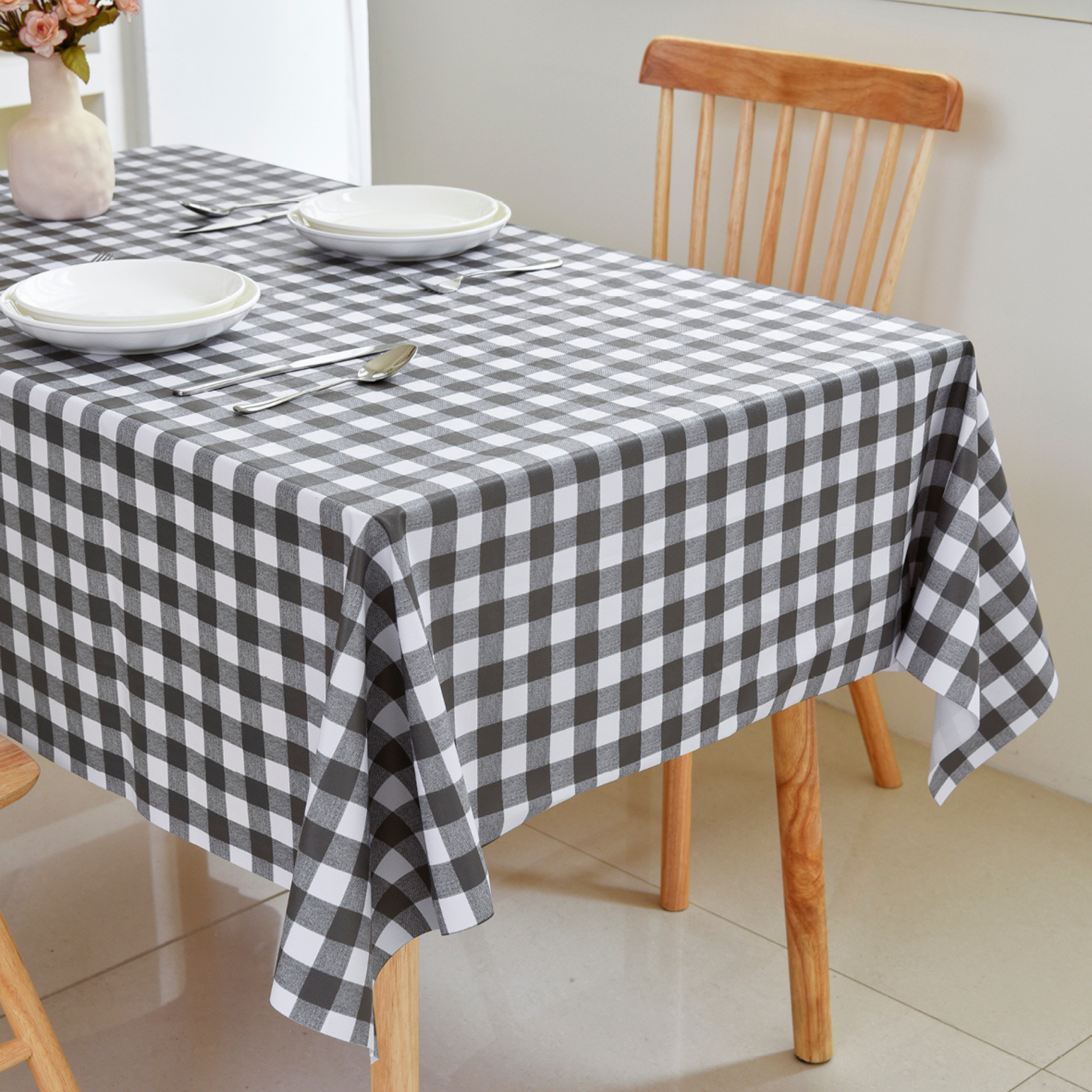 Oil-Proof Checkered PVC Tablecloths-Navy Black and White