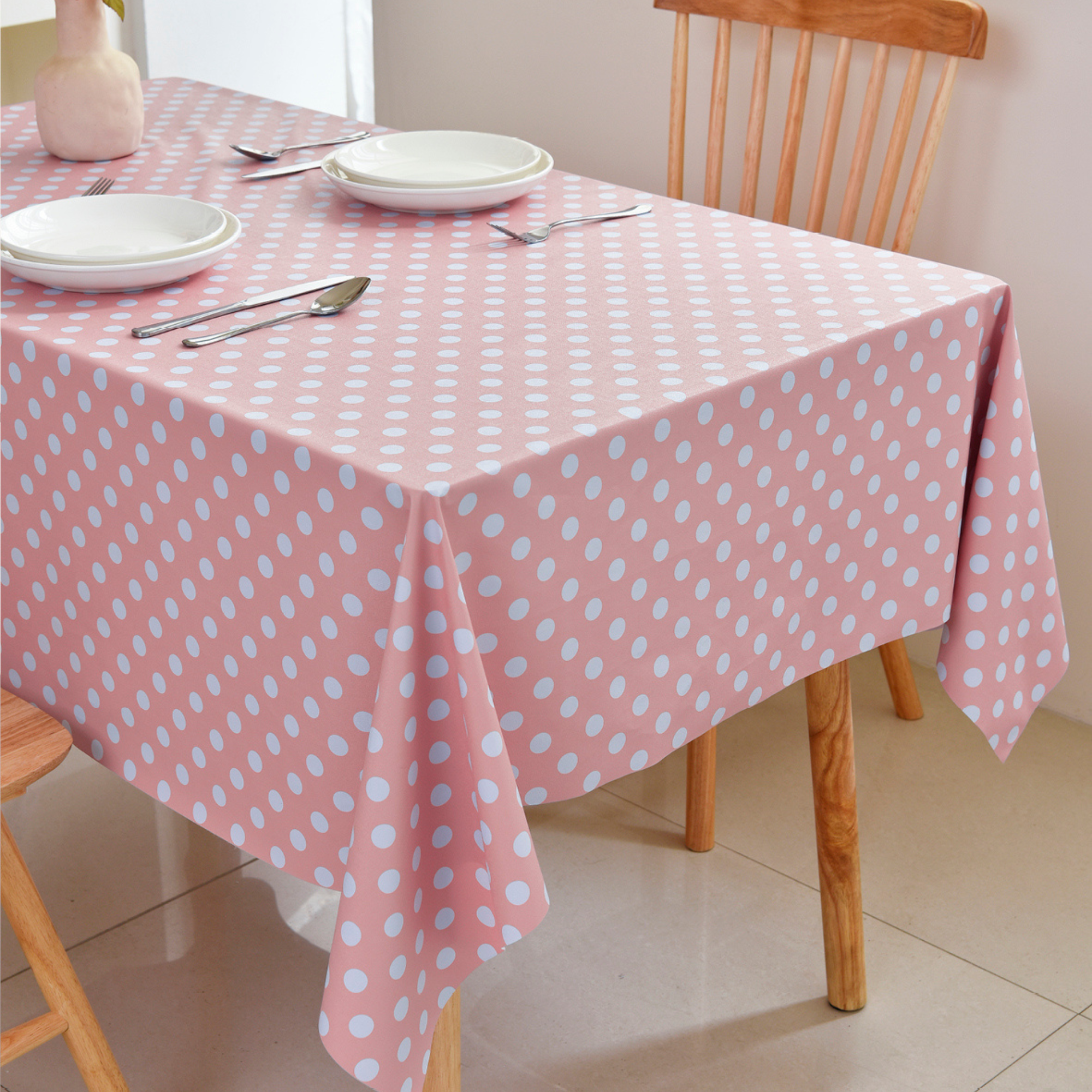 Waterproof Polka Dot Vinyl Tablecloth-Pink