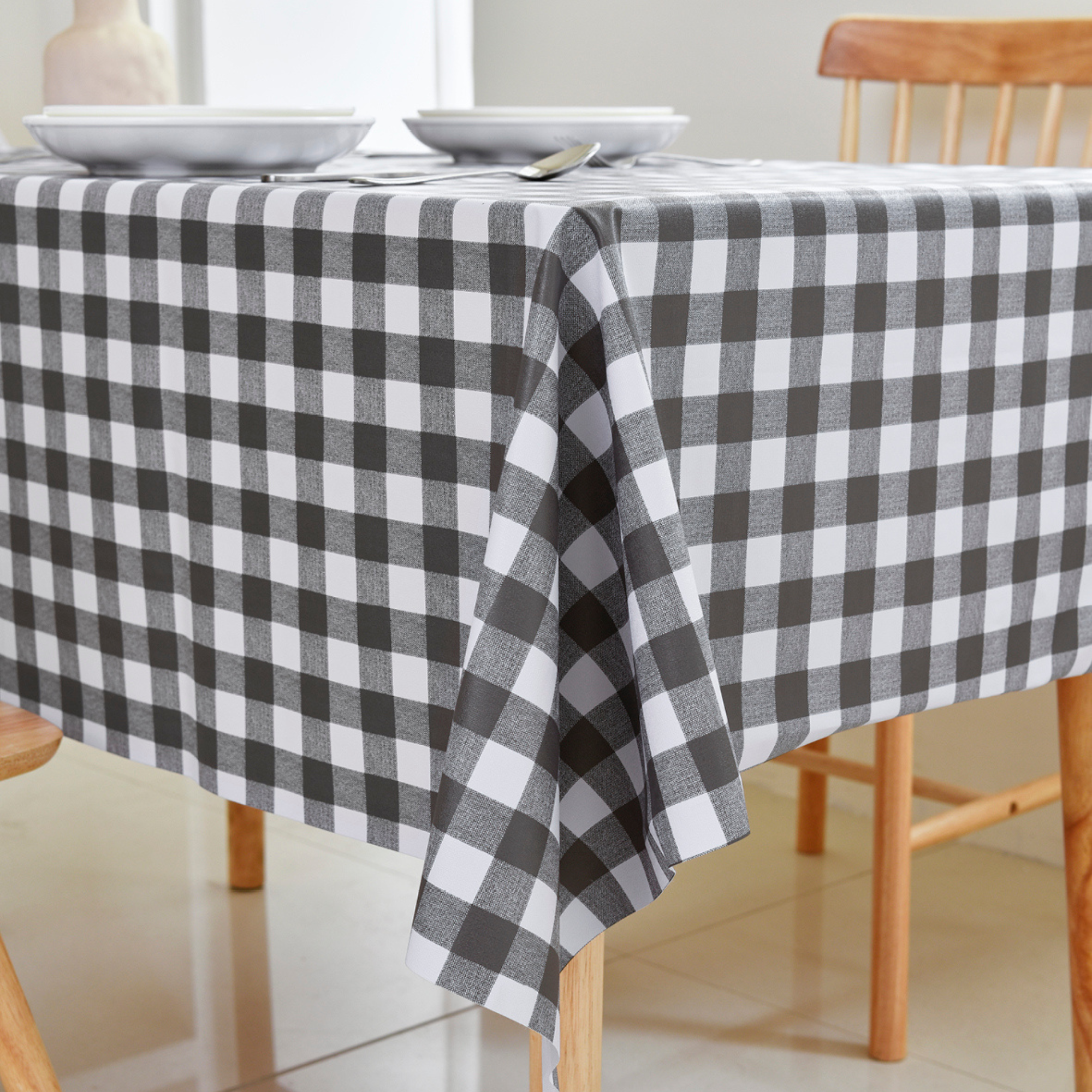 Oil-Proof Checkered PVC Tablecloths-Navy Black and White