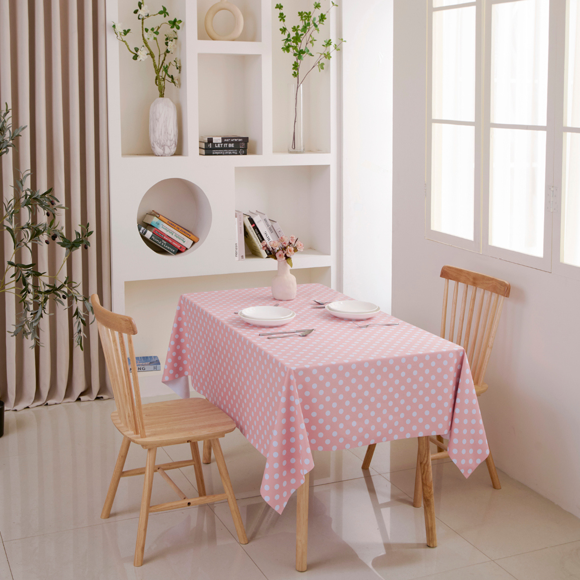 Waterproof Polka Dot Vinyl Tablecloth-Pink