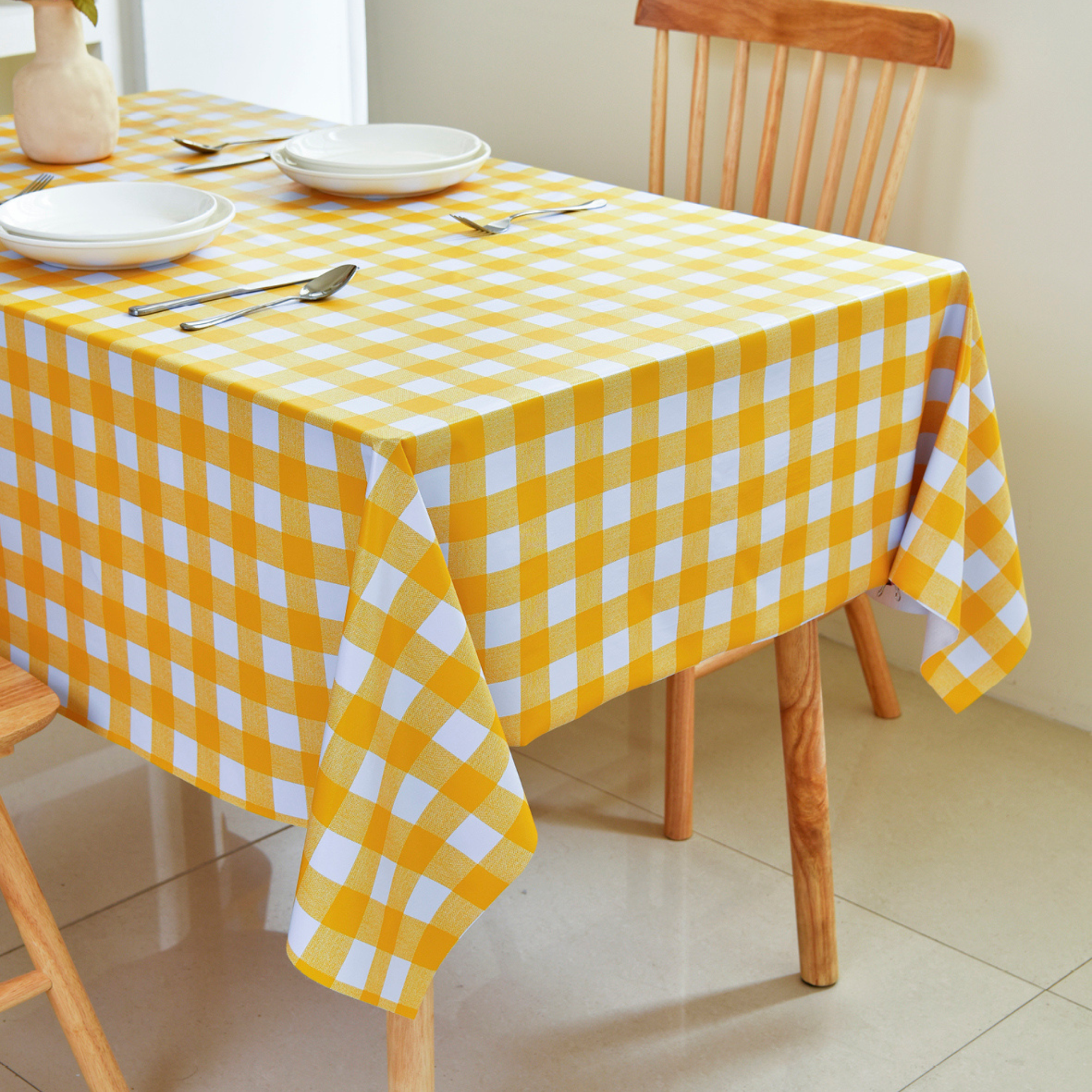 Oil-Proof Checkered PVC Tablecloths-Yellow and White