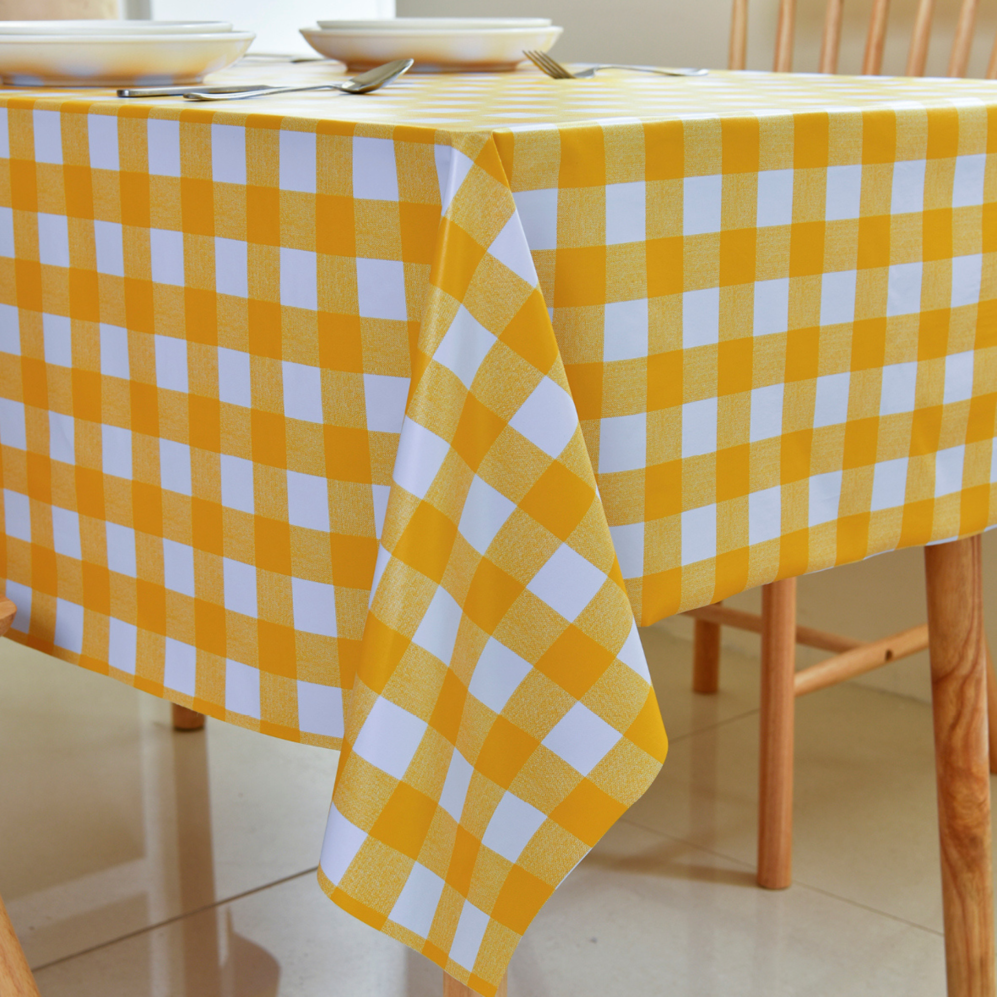 Oil-Proof Checkered PVC Tablecloths-Yellow and White