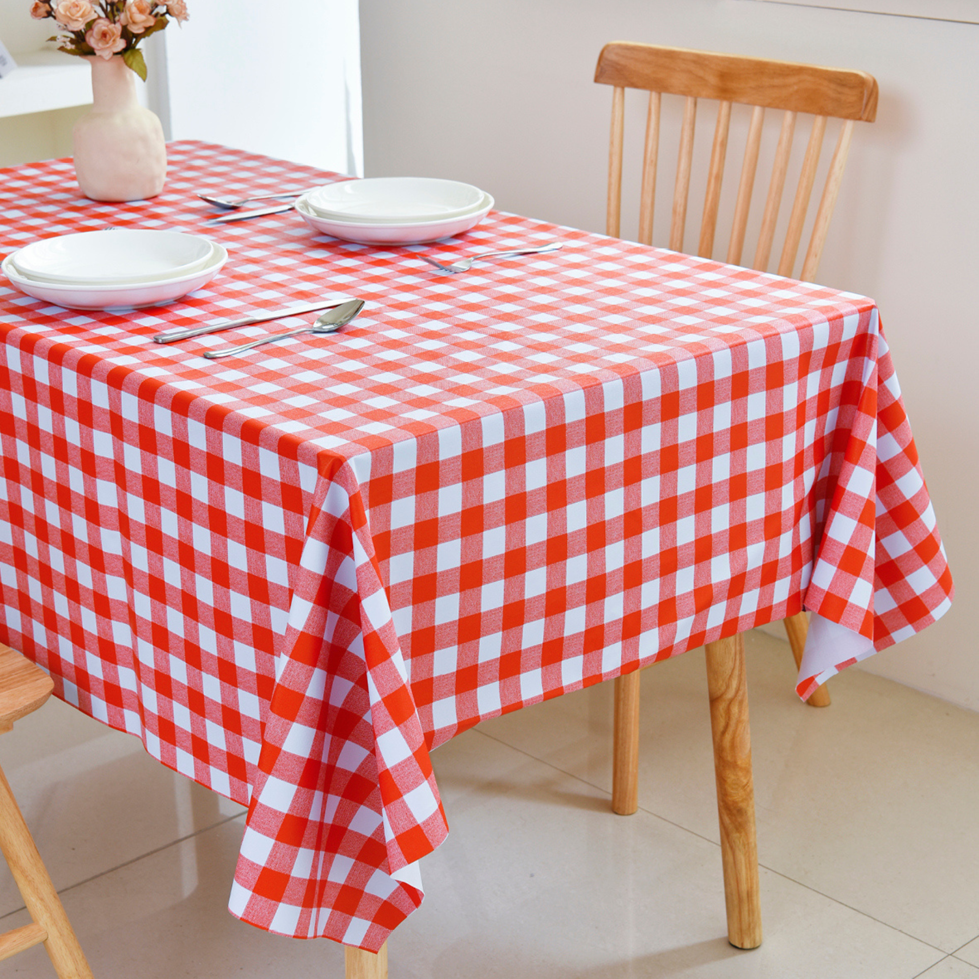 Oil-Proof Checkered PVC Tablecloths-Red and White