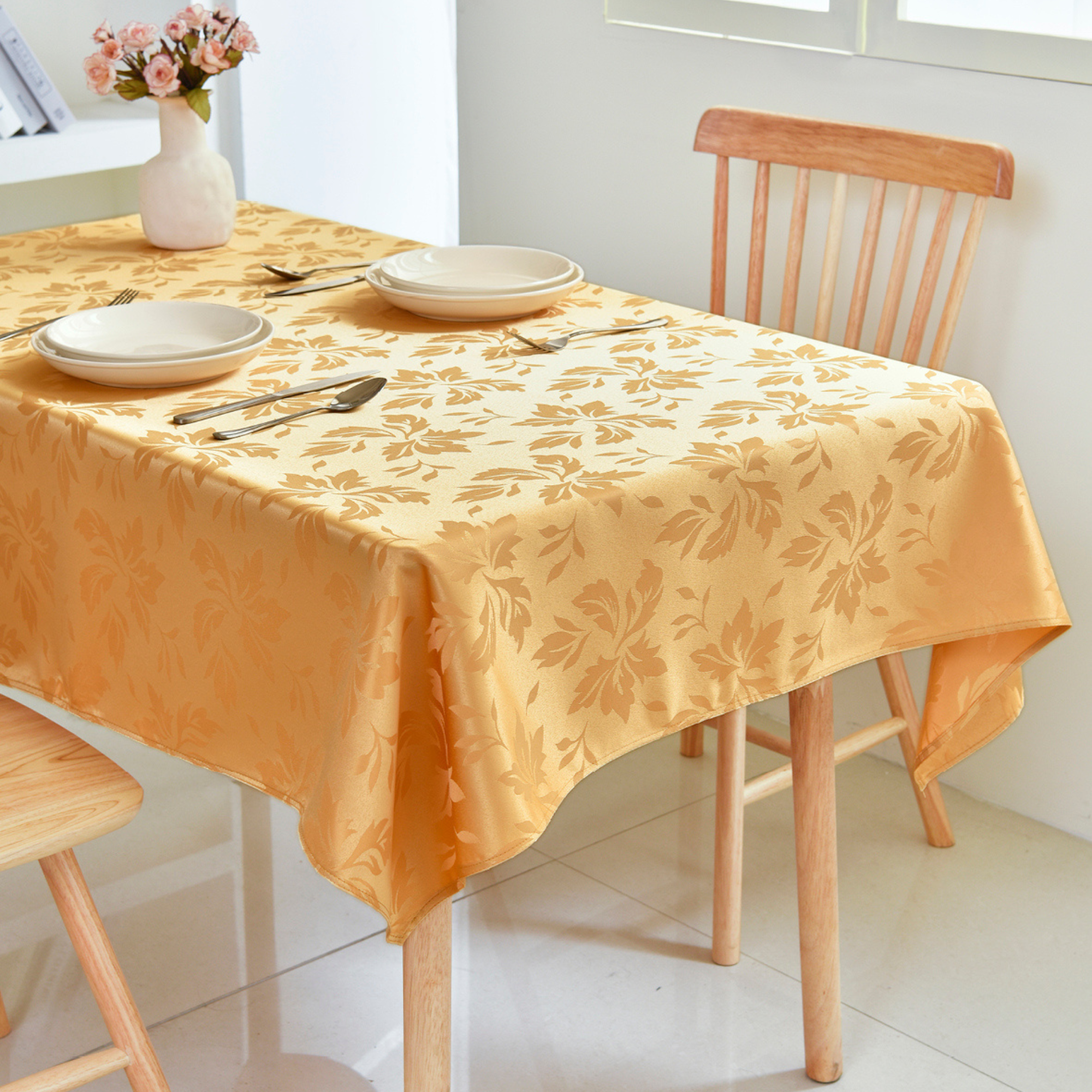 Gold Floral Jacquard Rectangle Tablecloth – Waterproof