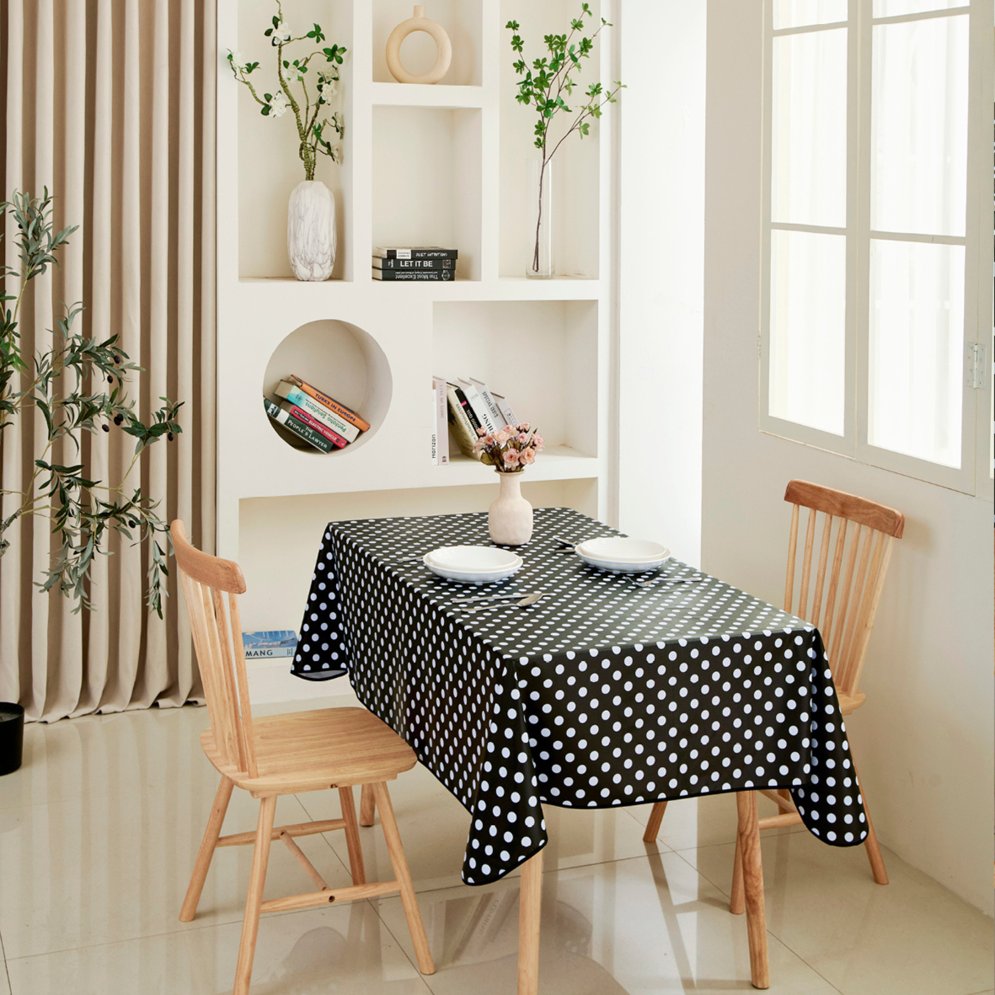 Waterproof Polka Dot Vinyl Tablecloth-Black