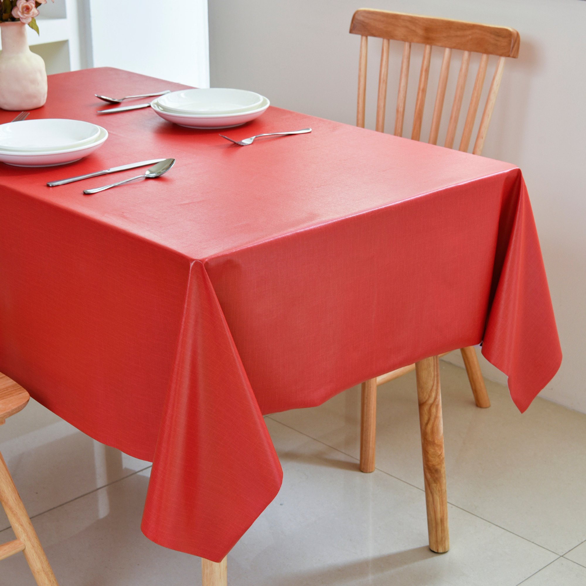 Red Plain Waterproof PVC Tablecloth