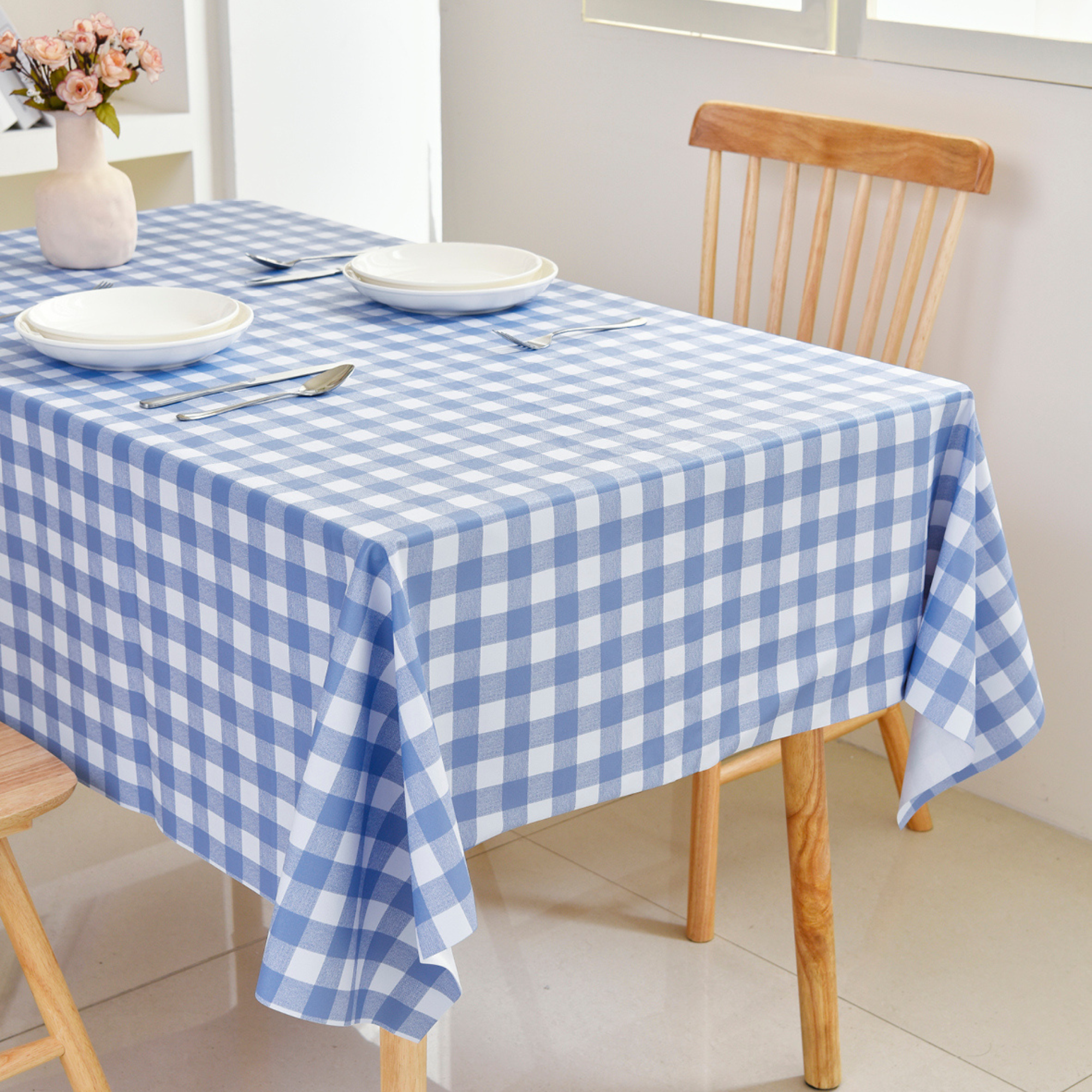 Oil-Proof Checkered PVC Tablecloths-Blue and White