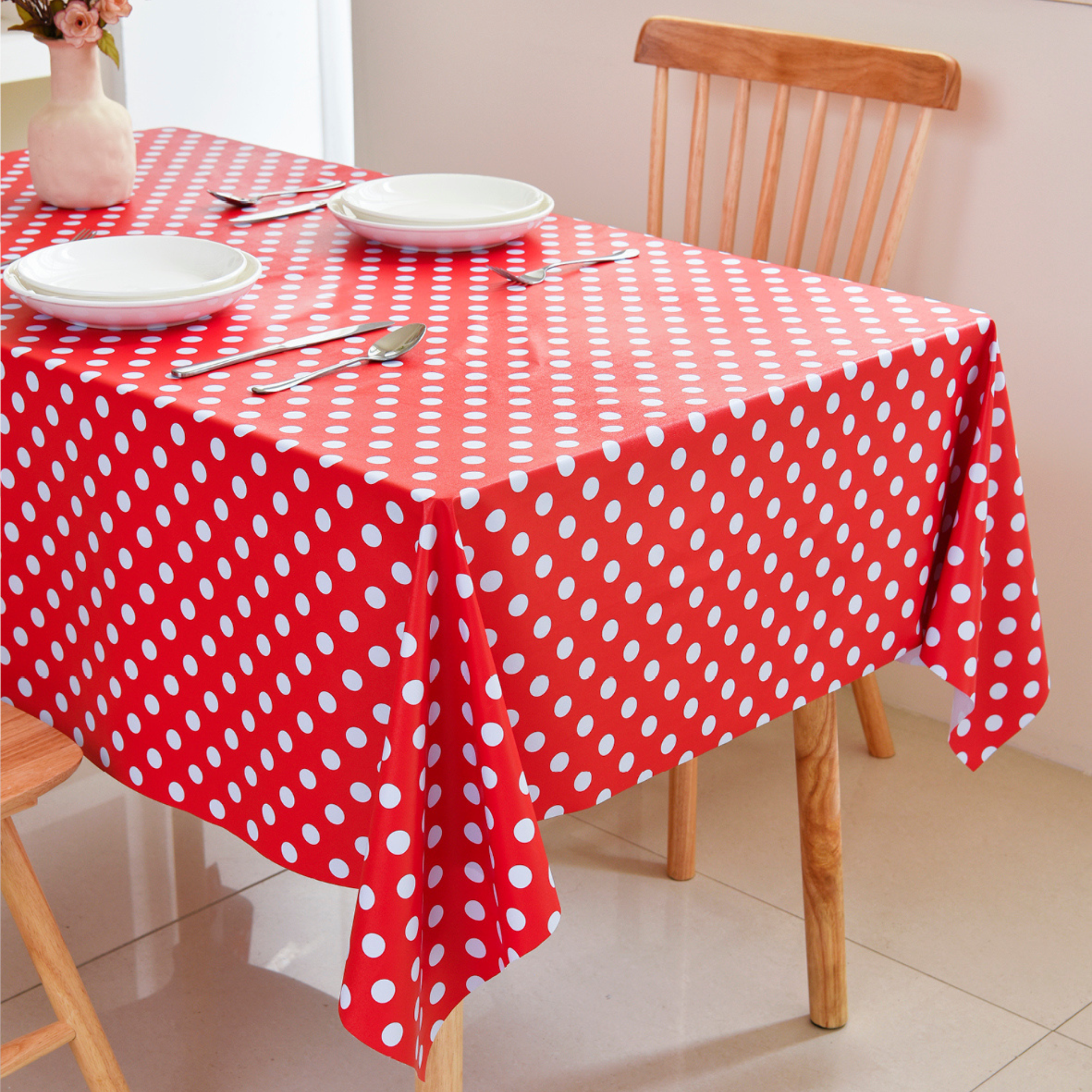 Waterproof Polka Dot Vinyl Tablecloth-Red