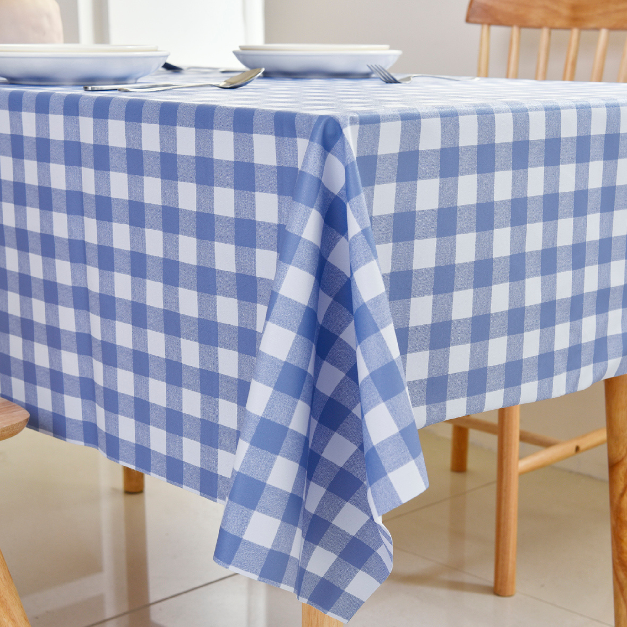 Oil-Proof Checkered PVC Tablecloths-Blue and White