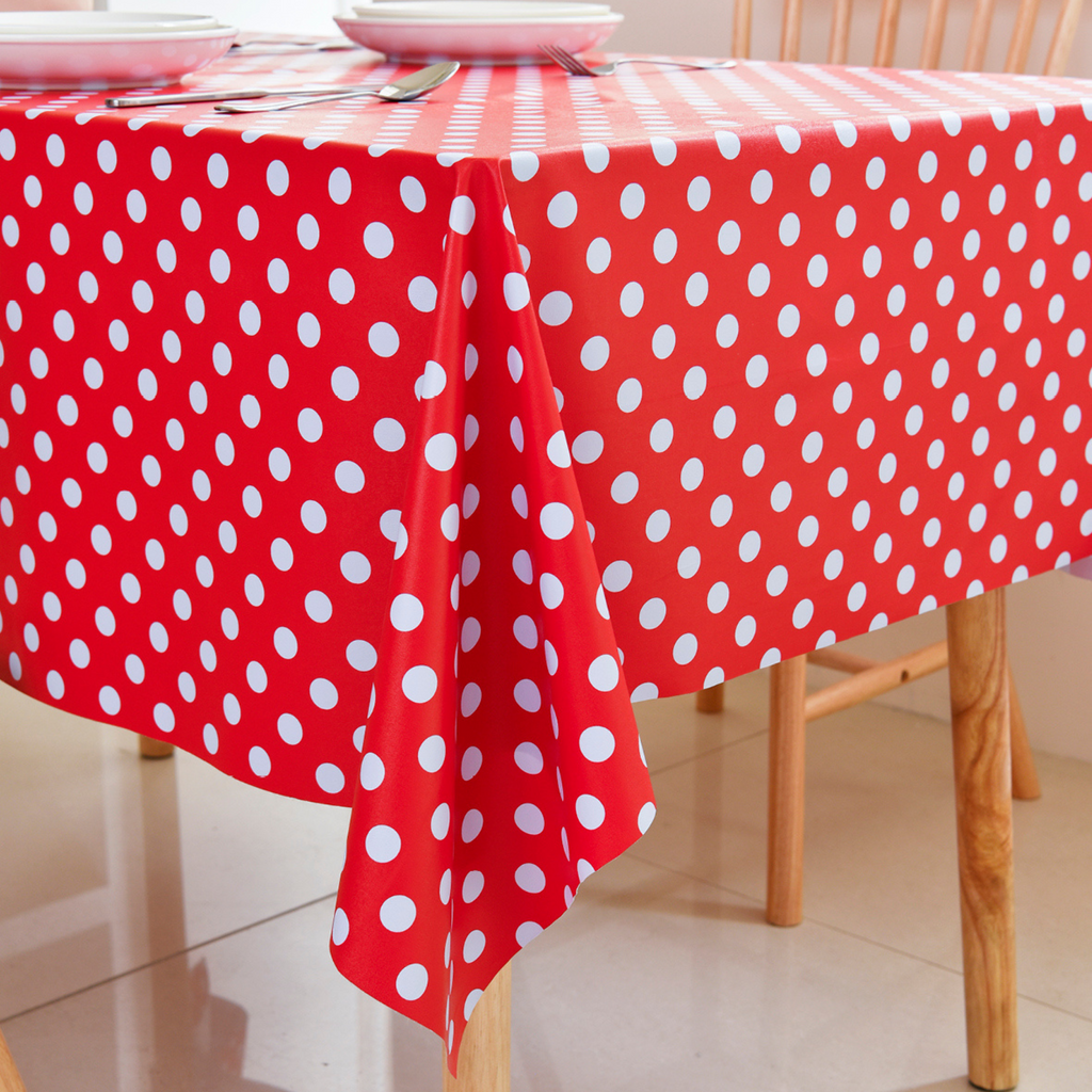 Waterproof Polka Dot Vinyl Tablecloth-Red