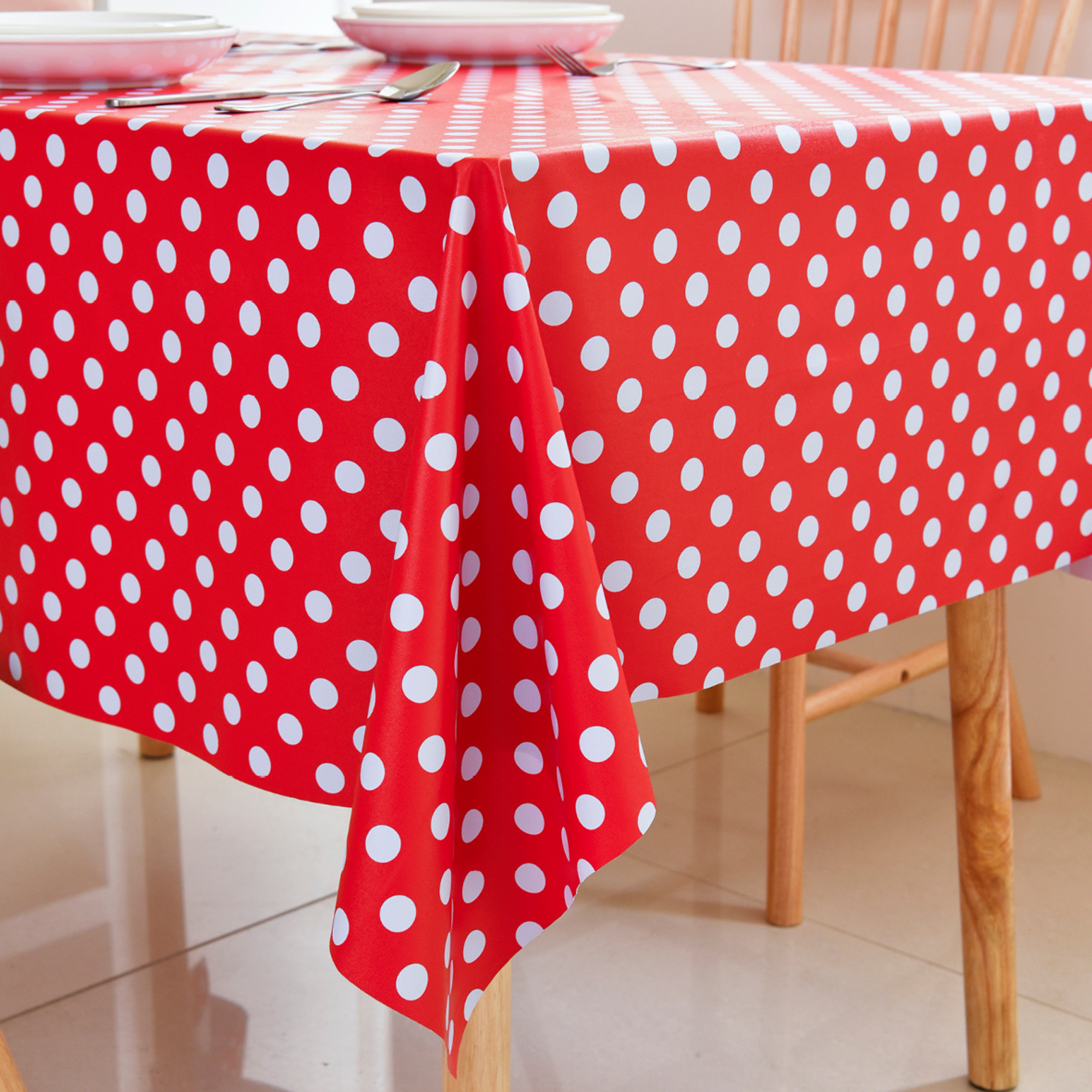 Waterproof Polka Dot Vinyl Tablecloth-Red