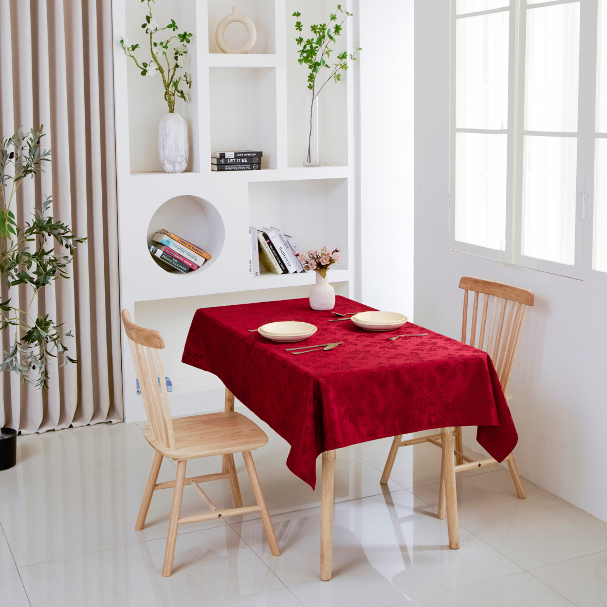 Red Floral Jacquard Rectangle Tablecloth – Waterproof