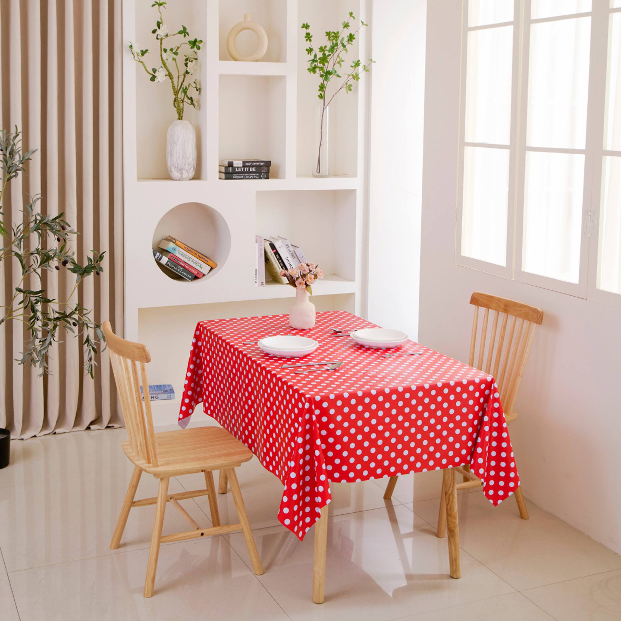 Waterproof Polka Dot Vinyl Tablecloth-Red