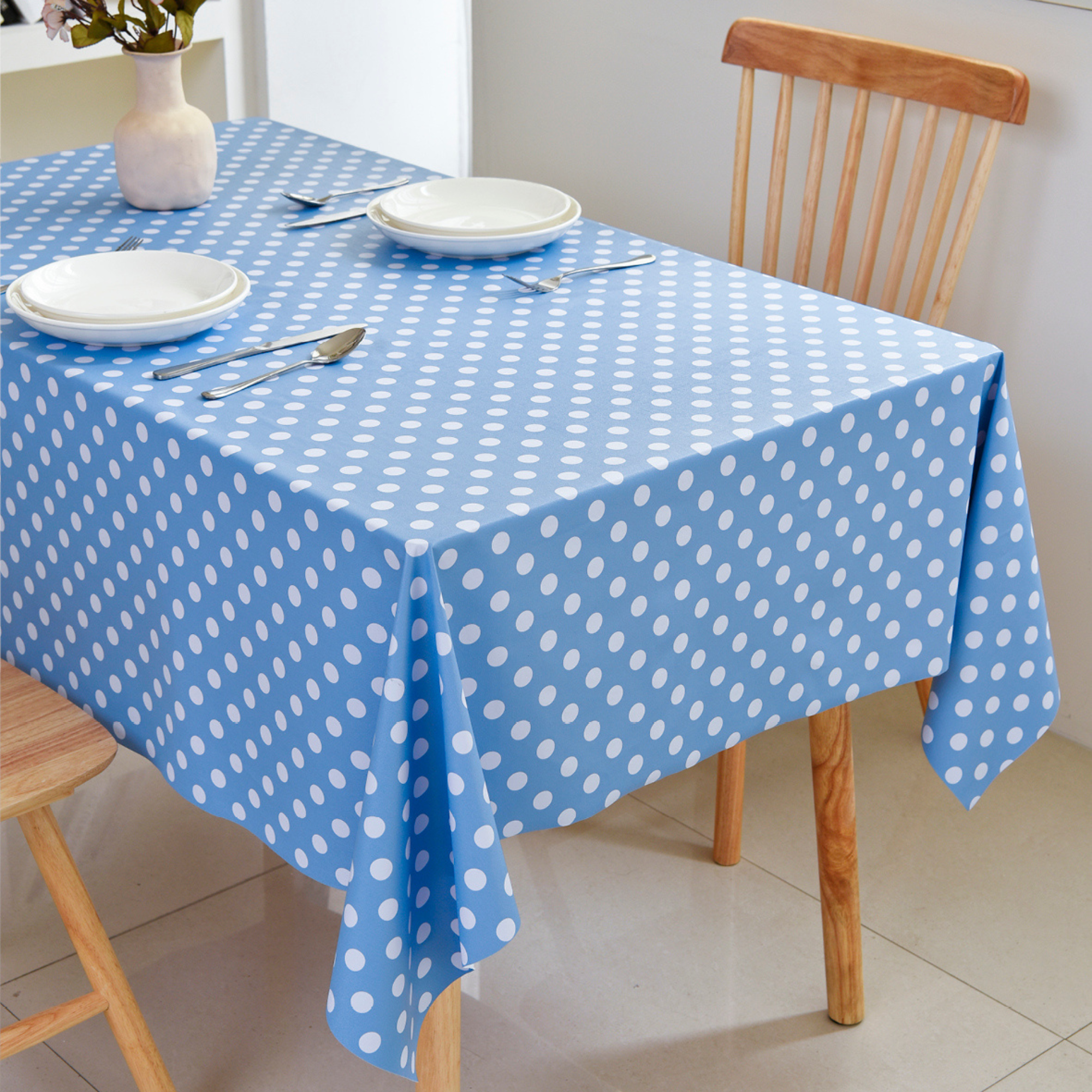 Waterproof Polka Dot Vinyl Tablecloth-Blue