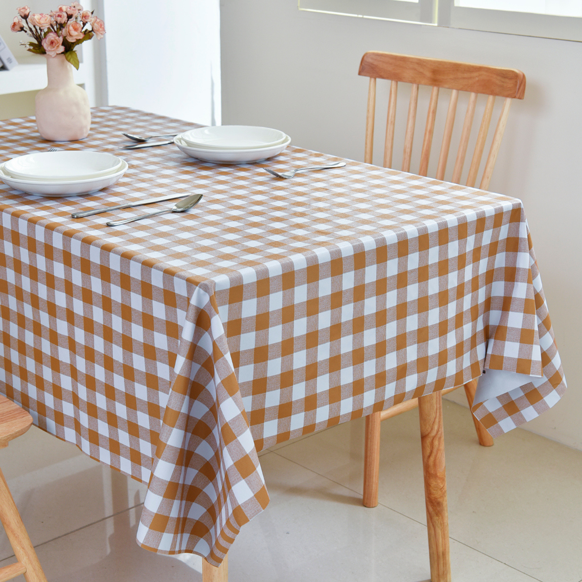Oil-Proof Checkered PVC Tablecloths-Coffee and White